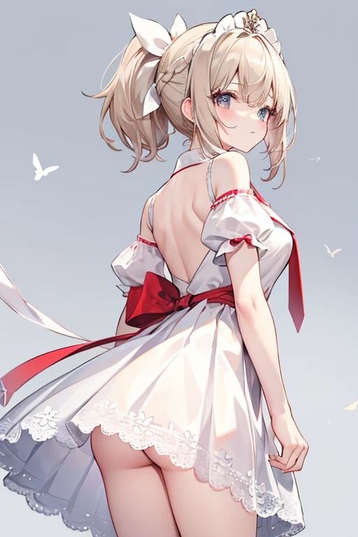 1girll,standing on your feet,light colors hair,Long hair with a one-sided ponytail,Wearing a white lace dress,white backgrounid,Beige hair,full bodyesbian,blindfolds,Superskirt,Lace pattern,Bow headdress,Oblique ponytail,curlies,erect through,sick,Skirt with animal relief pattern,Skirt pleats,shaggy