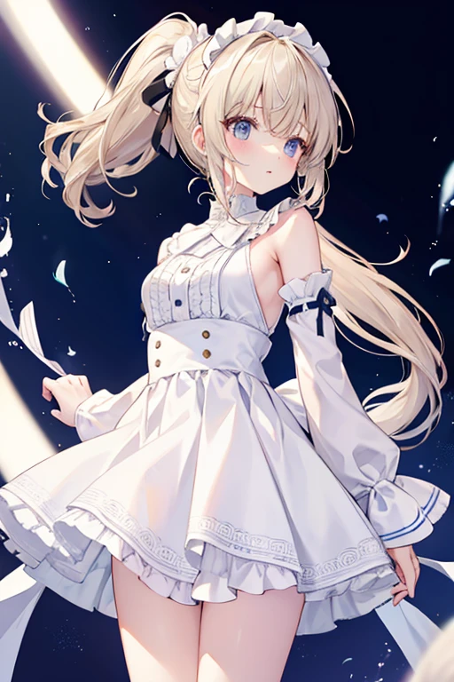 1girll,standing on your feet,light colors hair,Long hair with a one-sided ponytail,Wearing a white lace dress,white backgrounid,Beige hair,full bodyesbian,blindfolds,Superskirt,Lace pattern,Bow headdress,Oblique ponytail,curlies,erect through,sick,Skirt with animal relief pattern,Skirt pleats,shaggy