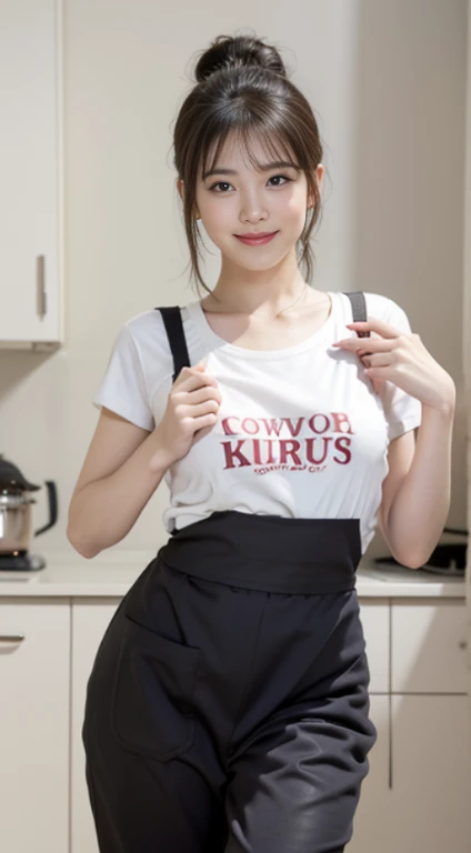 20yr old、Brown hair、bobhair、High-quality images、a picture、Nursery teacher、Character Apron、The best smile、Cute、White wallpaper、Cinematic lighting