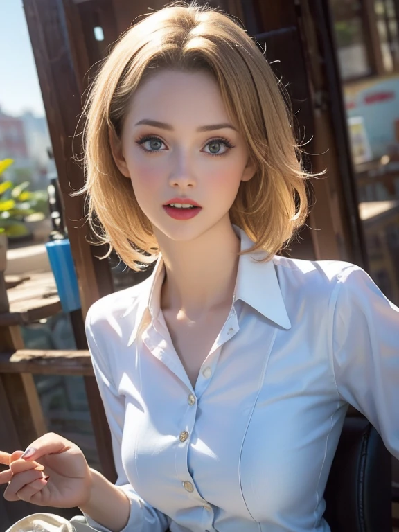 (best quality, 8k, highres, photorealistic:2.0), (solo, one girl:2.0),(photo taken using flash:1.9),(brighten the subject:1.8),(ultimate beautiful girl:2.0),(shiny skin),(oily skin),(blonde hair:1.7),(short hairstyle:1.5),(cool beauty:2.0),Blush brown makeup , dark eye makeup , use pink glossy lipstick,(big beady eyes girl:1.5),(droopy-eyes girl:1.5),(blue eyes:1.5),(thin girl:1.5),(baby face girl),(sex appeal),(sweet smelling girl),(A girl who works part-time at an art museum:1.3),(she works for low wages:1.5),(kind-hearted woman:1.5),(she has a nice smile:1.3),(woman with a happy look:1.3),(she is very sociable),(from a very poor family:1.5),(virgin girl),(She is a secret pervert.),(she covertly lewd),(she looks so erotic),(Preserve virginity for devout Christians),chuuChloe,(A woman with very soft breasts),(woman fantasizing about sex),(allurement),(impressive eyes:1.5),(clean girl),(affability),(tight dress shirt),(cute smile),(open mouth),(loll out)
