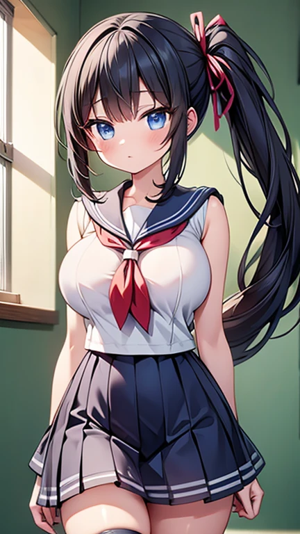 highest quality,wonderful,finely,extremely detailed CG Unity 8K wallpaper, (1 girl, black hair, side ponytail),(:1.1),(sailor dress:1.3),(transparent:1.3), (black stockings:1.1),(Thighs:1.1),(constriction:1.1)