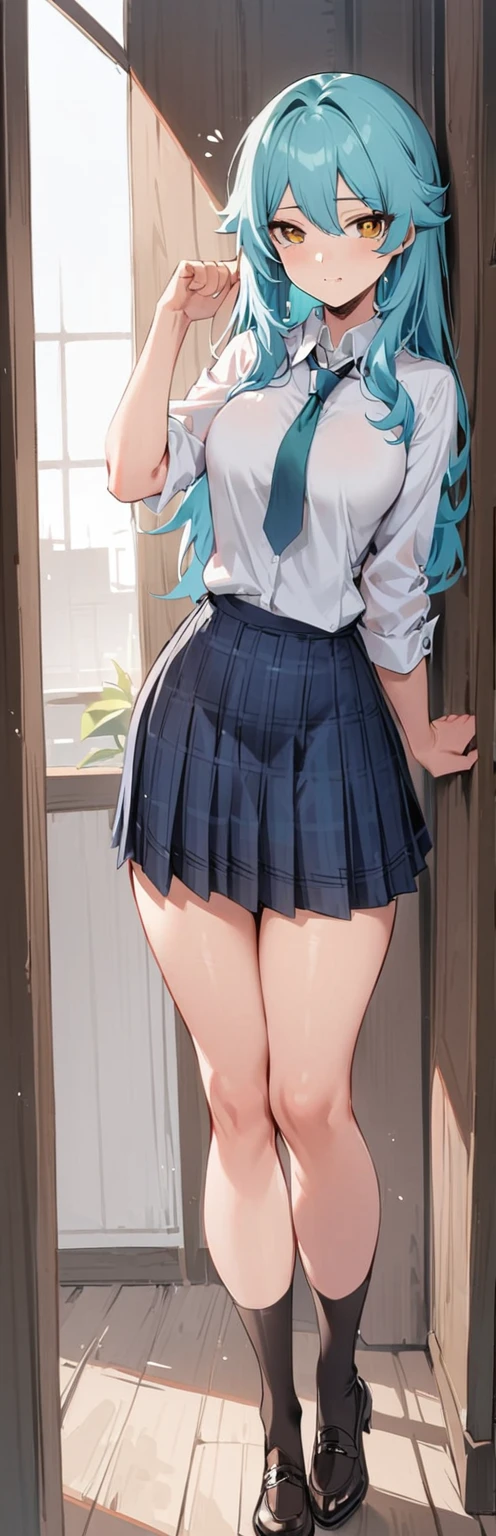 (masterpiece, best quality:1.2), 1 girl, alone,permanent_,
Godly Linghua, brown eyes, blue white hair, hair accessories,long hair,blue plaid skirt,Genshin