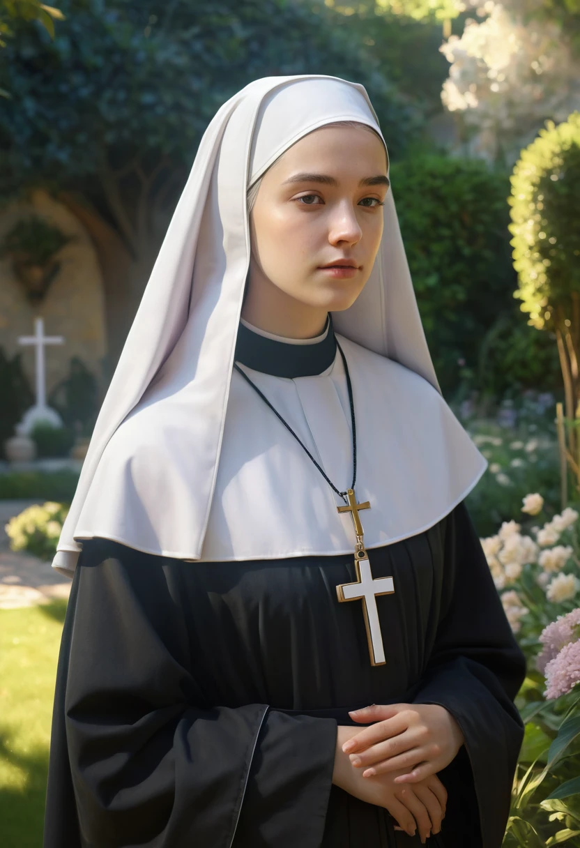 1girl, nun, dark robes, holy cross, serene expression, peaceful garden, soft sunlight, quiet atmosphere, sacred surroundings, (best quality, 4k, 8k, highres, masterpiece:1.2), ultra-detailed, painting-like, soft pastel colors, gentle lighting, aesthetic