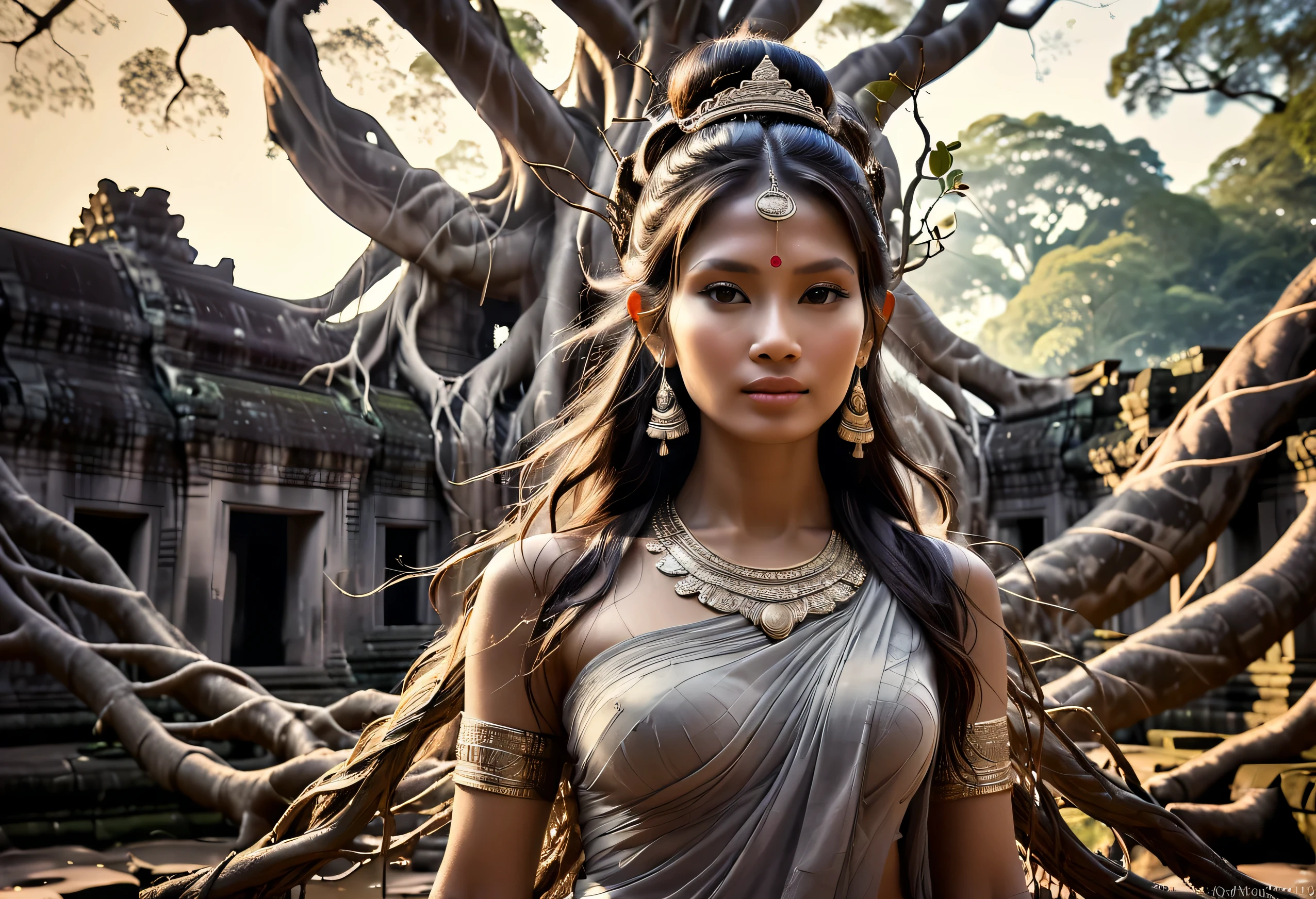 An ethereal portrait of a Goddess intertwined with the intricate branches of an ancient tree, highlighting the mystical bond, Ancient Angkor Wat in Background --ar 3:4 --style raw --stylize 300