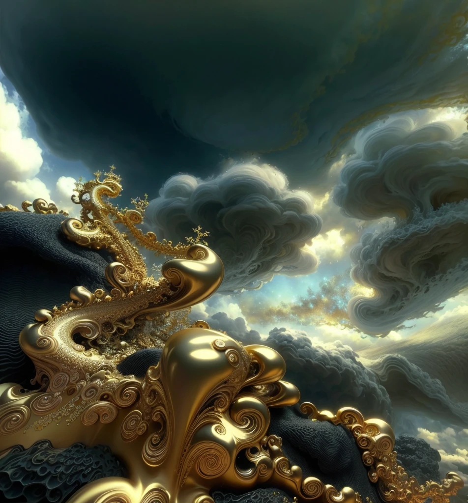 there is a very large golden cloud in the sky, golden clouds, fractal cloud, gold fractal details, fractal sky, fractal dreamscape, fractal landscape, golden edges and fractals, silver gold fractal details, with fractal sunlight, 3d mandelbulb fractal, infinite fractal waves, mandelbulb fractal, surreal clouds, fractal, 3 d fractal, 3d fractal