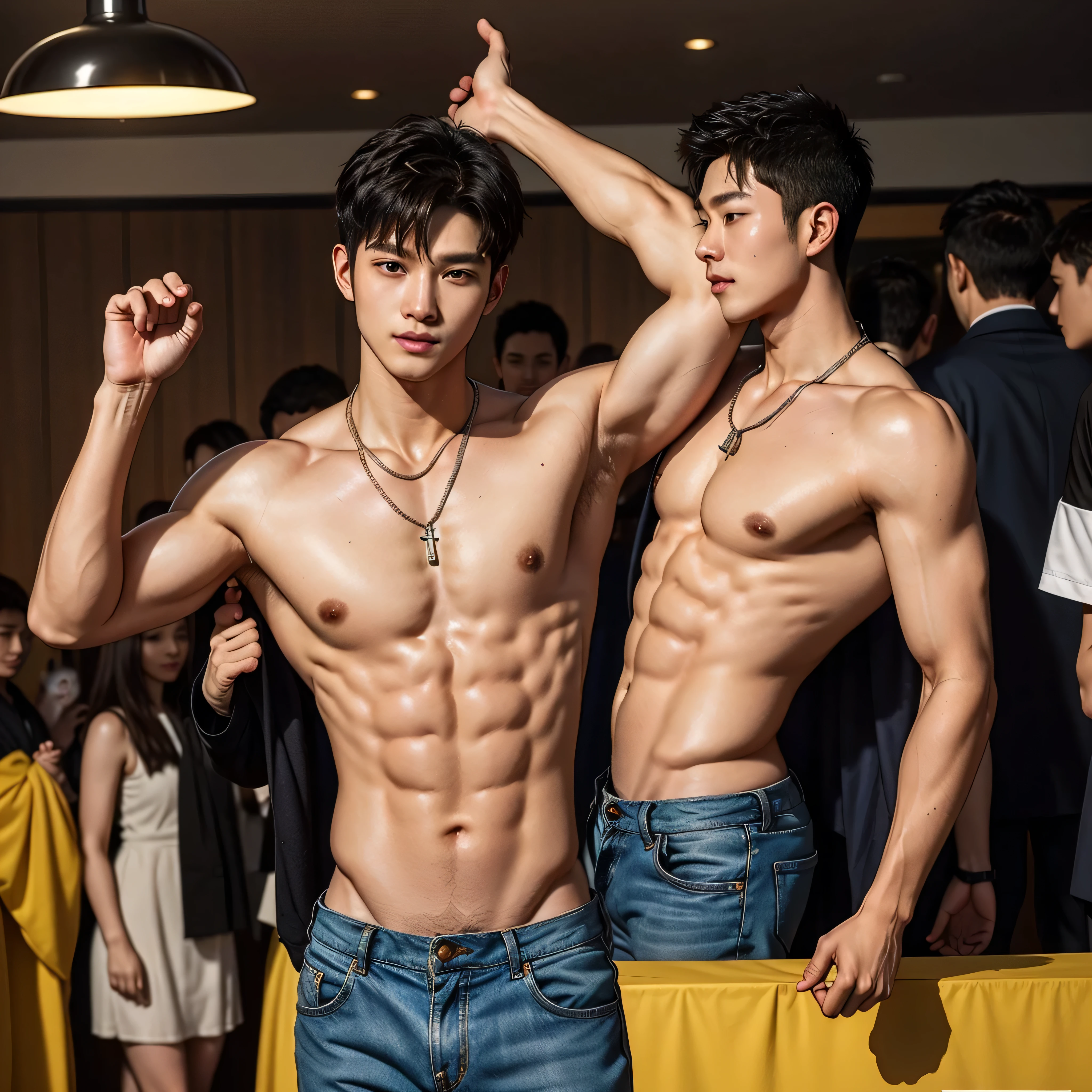 Boy in the crowded lunar new year festival, amazing lunar new year festival scenery, Crowded festival, dance in the background, barongsai Full body photo, very wet body, Very thin red thong, Proudly showing off his sweaty very hairy armpits, completely naked just wearing red thong, wearing necklace in his nek, s old boy, very young boy, Cinematic soft lighting illuminates a stunningly detailed and ultra-realistic handsome korean male supermodel, ultra messy curly hair, clear honey eyes, captivating perfect smile, sensual, hot man, insanely handsome, showing off his sweaty body, very sixpack muscular body build, slender, toned, full body, photography, masterpiece, detailed face, detailed eyes, sexy, beautiful abdomen and beautiful legs and a detailed big hard bulge, slim, detailed eyes and lips, sixpack and fit body. Image quality is of the highest standard, with ultra-detailed features and a realistic appearance. The colors are bright and vibrant, enhancing the overall aesthetic. The lighting is soft and natural, casting a soft glow on the boy, don't merge body's. --v6 --s1000 --c20 --q5 --chaos100