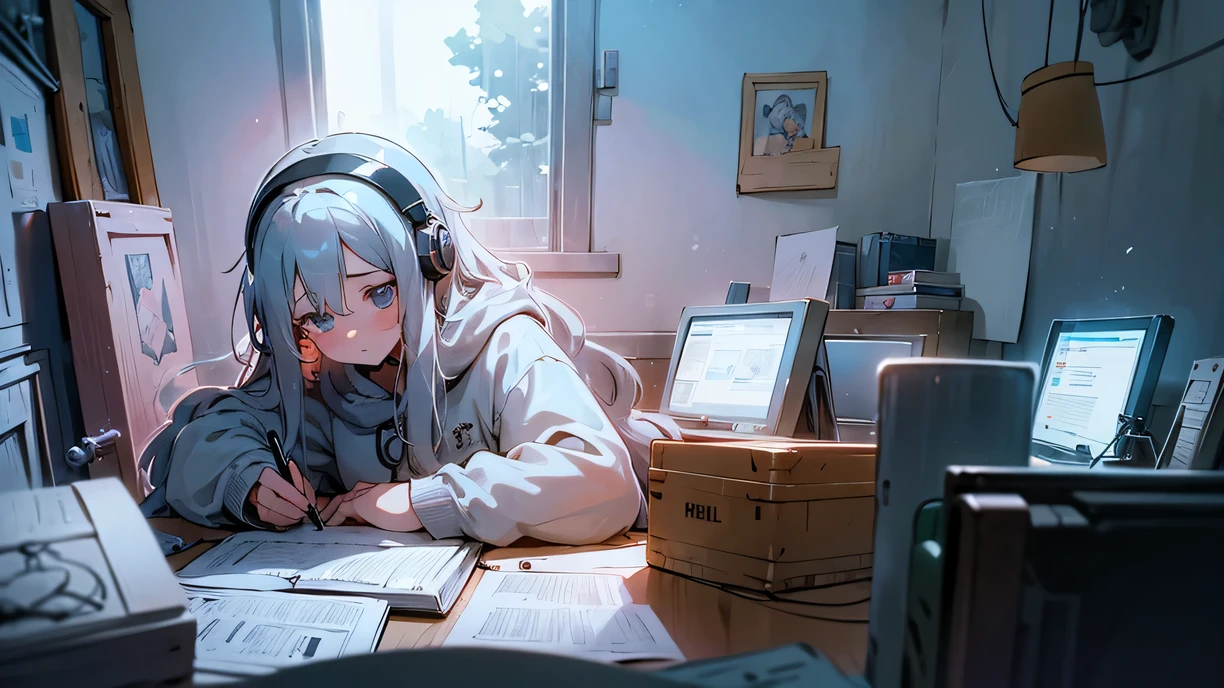 A captivating photo of a drawn girl writing in lofi style in her room writing a book, calm environment, with books, computer, girl with headphones, pensive expression, her hair loose and flowing around her face, with a single strand capturing a ray of light.