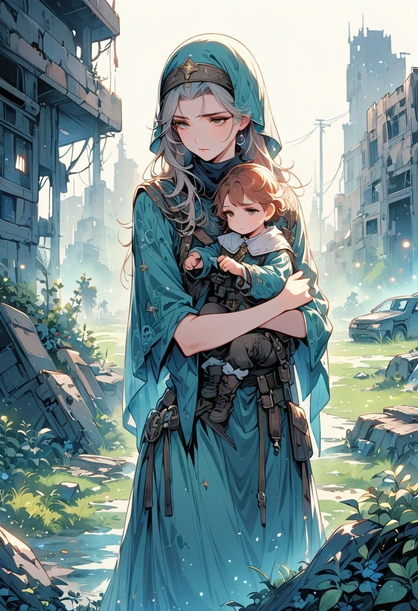 A nun, Holding a child, Standing on a nuclear wasteland. The once prosperous city is now in ruins, Ruined buildings and abandoned vehicles litter the desolate landscape. Nature has begun to take back territory, Plants growing in concrete cracks,Vines entwine around rotting buildings. The atmosphere is weird, There's a feeling of loneliness and despair in the air. The scene is bathed in a dark and moody light, Emphasizes the post-apocalyptic setting. The nun looked sad.,Her expression reflects her loneliness and the weight of the world she carries on her shoulders. In this ruthless world,The child she held gave her some comfort. The colors become softer, A desaturated and faded color palette, This further enhances the desolate atmosphere of the scene.