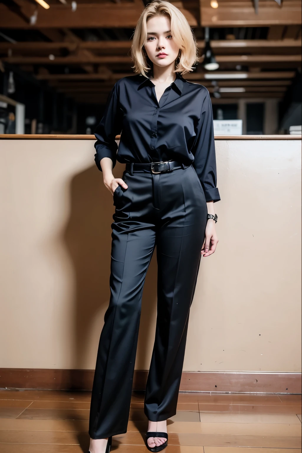 4K HDR. High definition. Ultra realistic. Extra detailed. Best quality. 20 years old indonesian girl. Cute and gorgeous. Short blonde hair. Perfect face, body and skin. 160 cm height. 50 kg weight. Hourglass body. Medium breast. Wearing formal shirt, long pants and high heels. Office background. Full body photography.