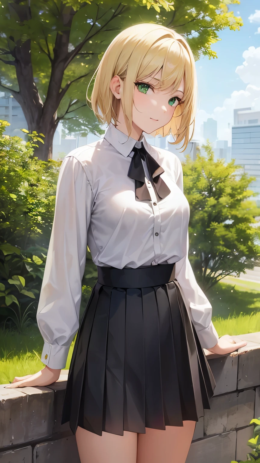 green eyes, 28 year old women, small breasts,white blouse,black pleated skirt,(cowboy shot:1.3),blonde hair,short hair,happy,UHD, best quality,sunlight city