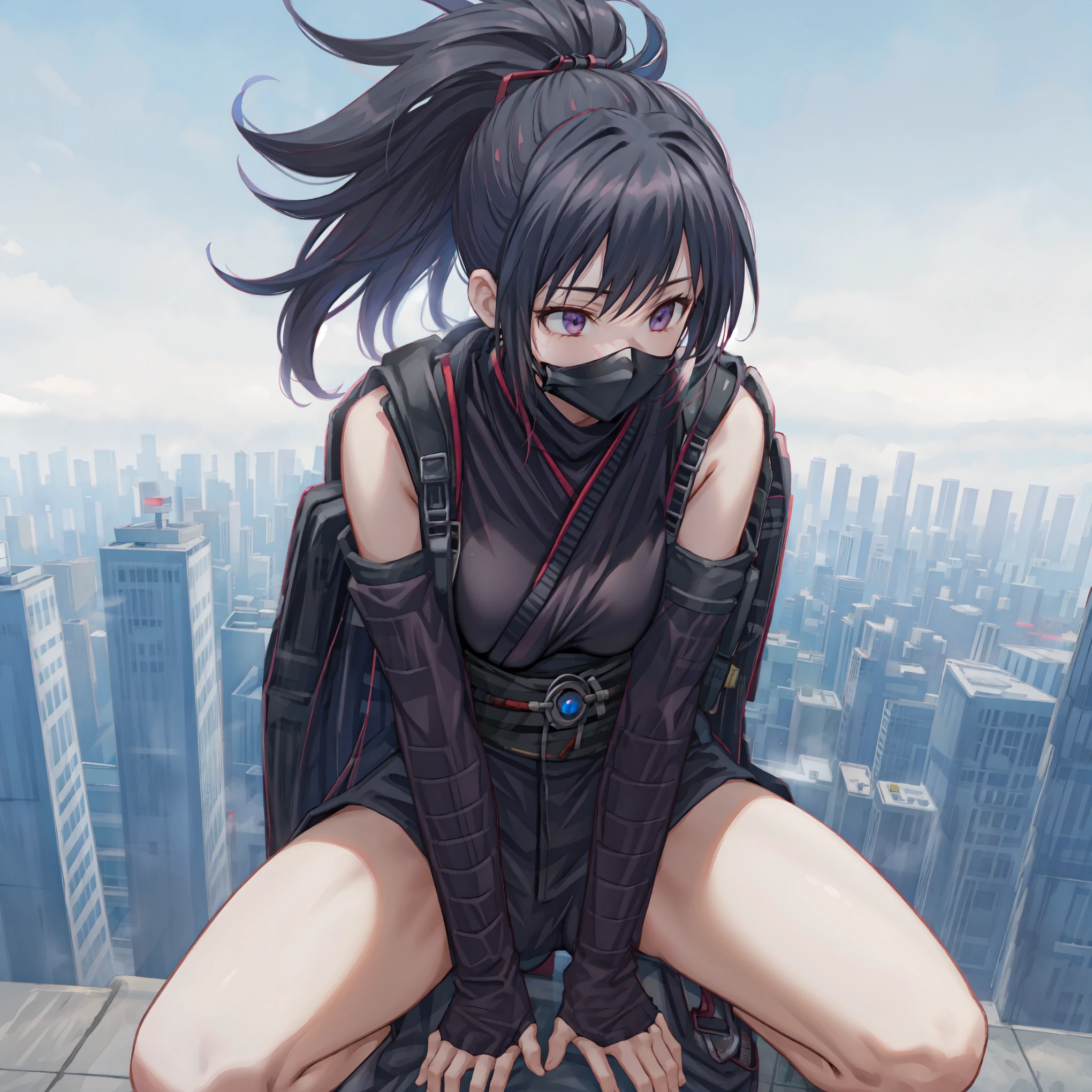 Above a high-rise building,From Below,Carrying a backpack,squat,beautiful medium sized breasts 1:4,ninja mask,{{Kunoichi,beautiful medium sized breasts 1:4}},{{look far away}},{{ponytail}},{masterpiece,best quality illustration},BREAK,High quality thighs,151cm,{{beautiful eye1:4}},BREAK,five fingers,BREAK