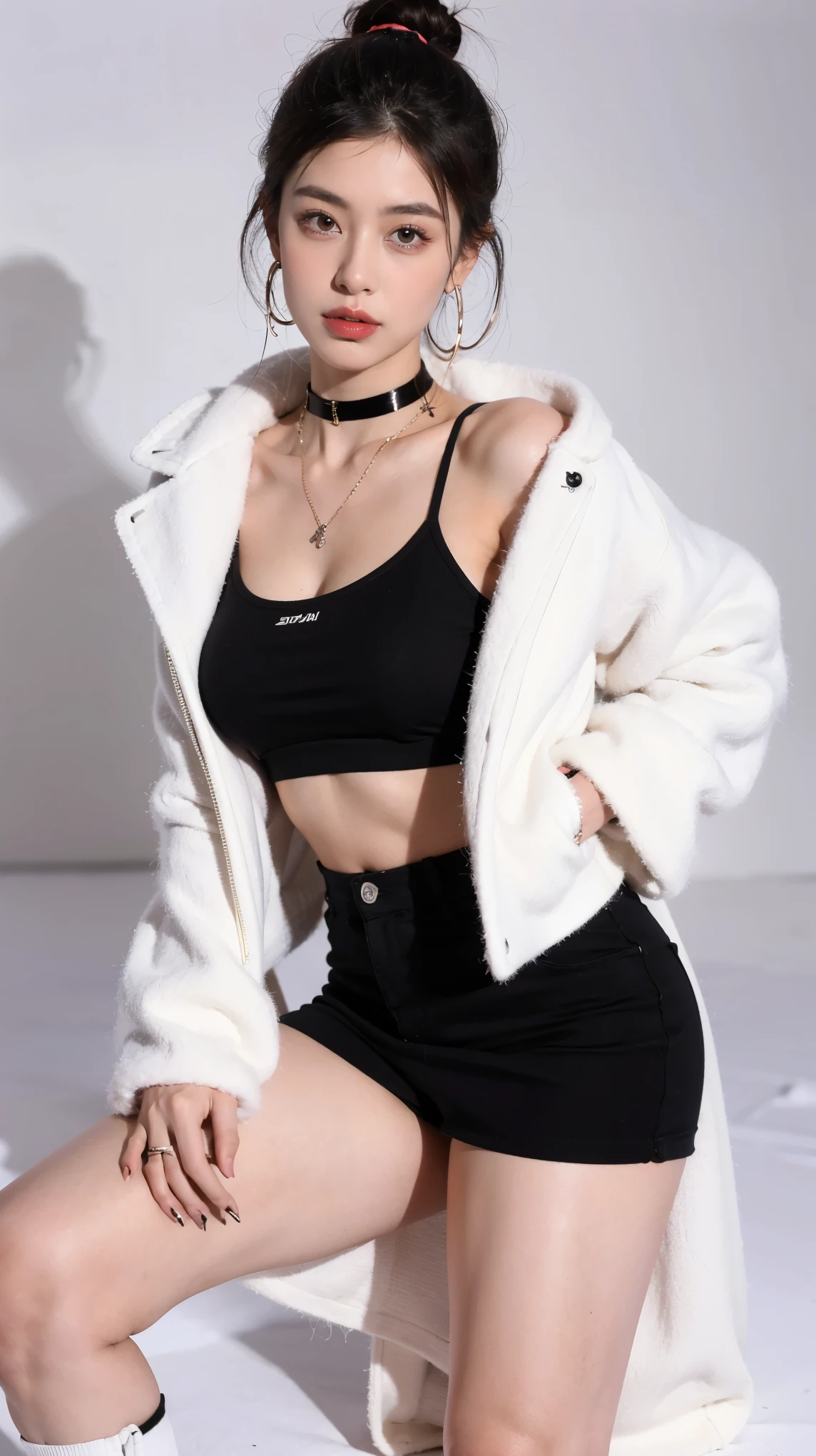 ((best quality,4k,highres,masterpiece:1.2)),((character concept art)), 1 female, age 23. Known for her love of high-end fashion and vibrant nightlife, Lily embodies the role of a modern, young, and affluent Asian-American girl. Her body language is as outgoing and confident as her personality, always exuding a vibrant energy. She's wearing a neon-colored, mesh crop top that glows under black light, paired with a matching micro-skirt or shorts. This is paired with stockings or thigh-high boots with neon or LED details, adding a futuristic touch to the outfit. Her look is enhanced with a chunky, neon-colored choker and matching bracelets, both glowing under black light. She also wears multiple glow stick bracelets and necklaces, adding a playful touch and serving as handy light sources. A pair of oversized, reflective or diffraction glasses protect her eyes from light shows and add a cool visual effect. For warmth, she wears a faux fur jacket or vest, ideally in a bright or neon color to match the rest of the outfit. She carries her essentials in a small, holographic backpack or fanny pack, adding a shiny, eye-catching element to the outfit. With multiple ear piercings and visible tattoos, she carries her ensemble with an air of unapologetic confidence. ((intricate detail)), super finely detailed hands, ultra finely detailed fingers((ten fingers)), (standing confidently), (full body showcase), (show full body), (no logos on background), (no logo), ((plain background)), ((plain background)), (((empty background))).