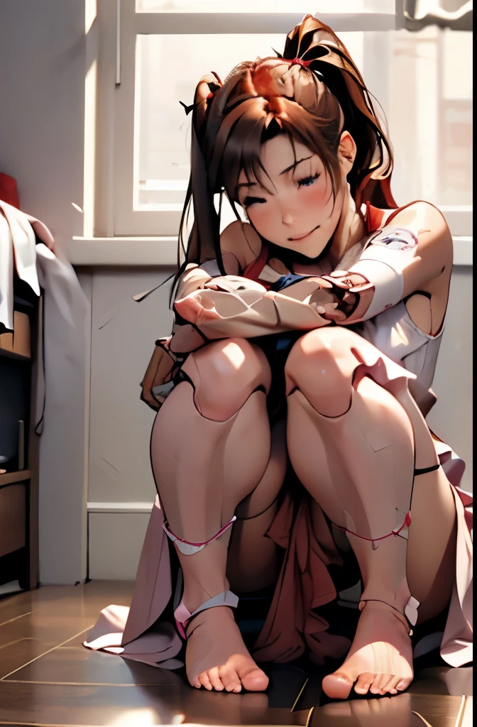 A Female robot is sleeping in bedroom, spread legs, nude, banzai pose. she wears no dress. She Brown short hair is tied with two big red clothespins, She lifts up the under hem of her white plain dress, leaning over, masterpiece, very short pigtails,brown hair, mature, android, blue eyes, full body figure, Height: 160cm, flushed cheeks, 2020s anime picture, A beautiful robot with short brown hair in two short pigtails held up by two very large huge red clothespins, Uplifting, No NSFW, whole body, barefoot, archaic smile, getting orgasm, 25 years old, sweat bucket.