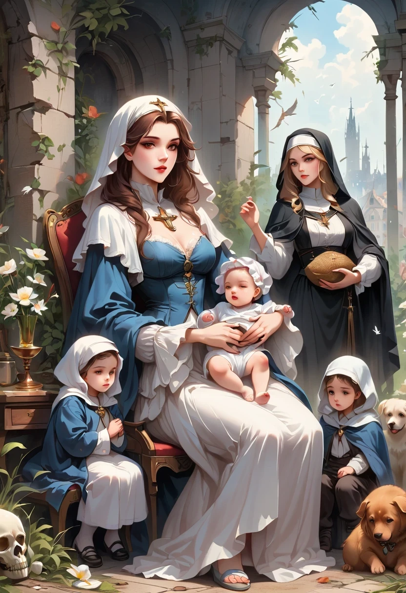 Image of a nun in black robes holding a in the ruins, With Jesus, jayson tatum as Mother mary, Catholic religious art, majestic holy girl, holy, author:Laszlo Barlow, Mother sarah artist, holy girl, Art Jem and William Bouguereau, Mother, Holy Mother Mary, holy girls, author:John Lagata