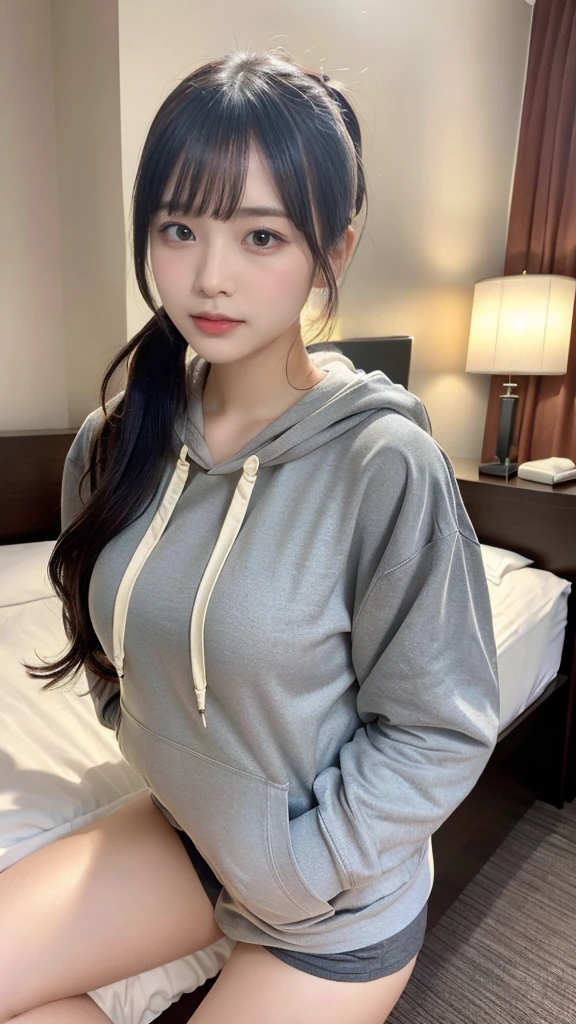 muste piece, best quality, illustration, Super detailed, fine details, High resolution, 8K,wall paper, perfect dynamic composition,(Details High quality, realistic depiction of eyes:1.3), (Oversized Light Gray Hoodie:1.2), Erotic Shorts, big breasts, (ponytail)、black hair color, Big Natural Color Lip, bold sexy pose, (perfect body shape), crying a little、cold gaze, Harajuku style、20 year old girl、cute type、lolita、beautiful legs, hotel room, gravure idol