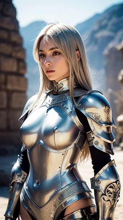 a young woman in a silver bodysuit, bikini armor female knight, stunning armor, beautiful armor, ornate bikini armor, bikini-armor, a sexy blonde warrior, girl in knight armor, bikini armor, of a beautiful female knight, metal bikini, cinematic goddess body shot,