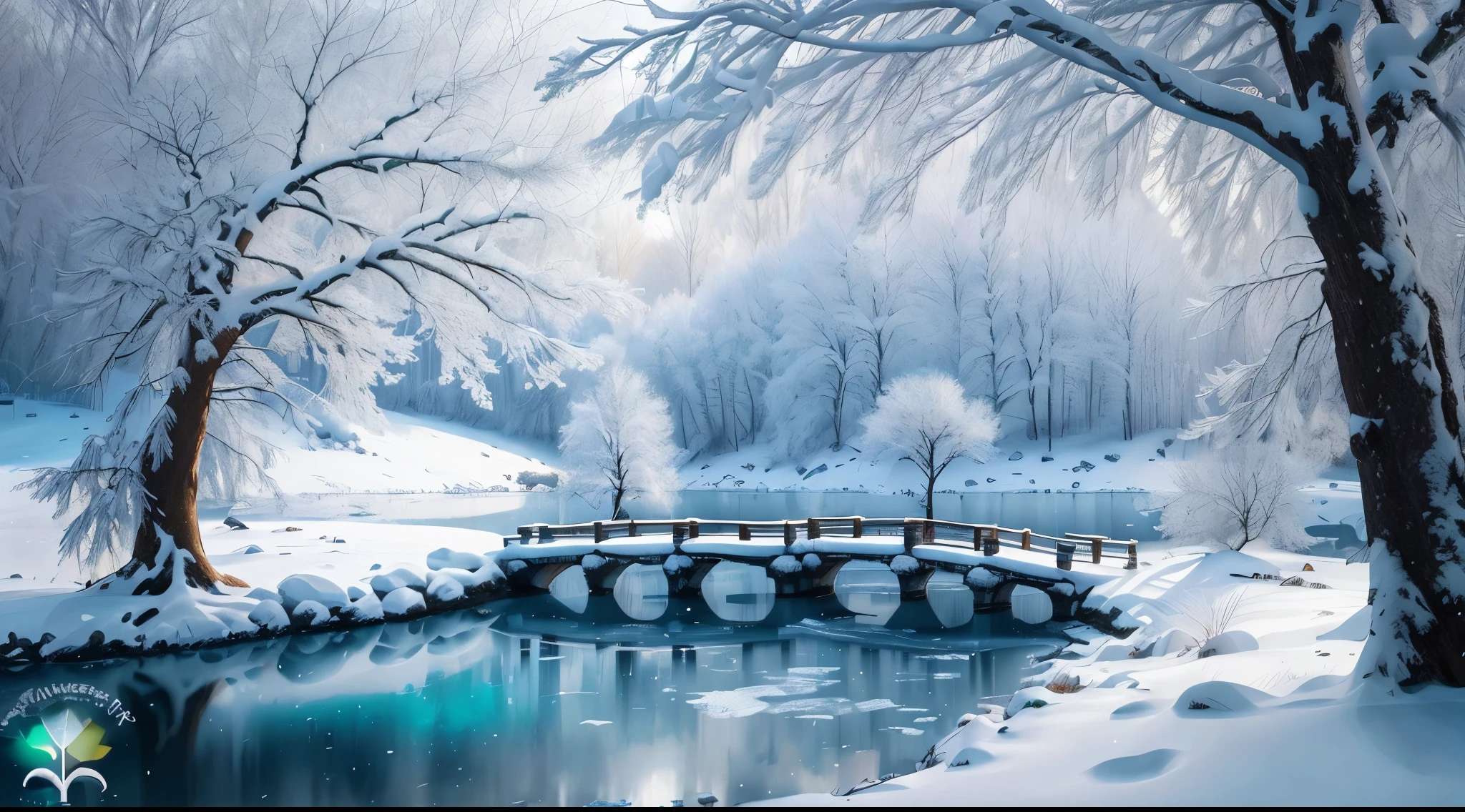 snowy scene of a bridge over a frozen river in a forest, beautiful winter area, beautiful snowy landscape, cold but beautiful, snowy winter, snowy winter scene, winter lake setting, winter wonderland, winter in the snow, cold snowy, snowy environment, cold winter, in the winter, snowy landscape, winter setting, snow and ice, cold environment, snow landscape