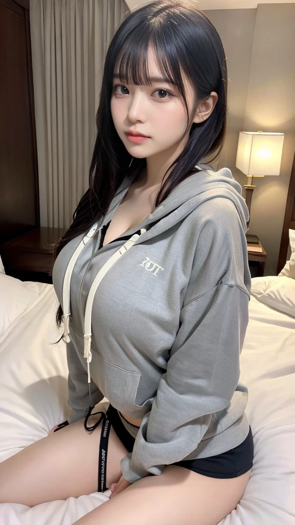 masterpiece, best quality, illustration, Super detailed, fine details, High resolution, 8K,wall paper, perfect dynamic composition,(Details High quality, realistic depiction of eyes:1.3), Oversized Light Grey Hoodie, Erotic Shorts, short bob hair, Lying down, black hair color, Big Natural Color Lip, bold sexy pose, (perfect body shape), crying a little、Harajuku style、20 year old girl、cute type、ta、beautiful legs, hotel room, hposing Gravure Idol, Voluptuous thighs