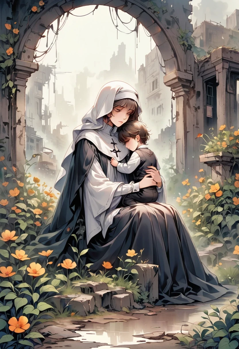 A nun, Holding a child, Standing on a nuclear wasteland. The once prosperous city is now in ruins, Ruined buildings and abandoned vehicles litter the desolate landscape. Nature has begun to take back territory, Plants growing in concrete cracks,Vines entwine around rotting buildings. The atmosphere is weird, There's a feeling of loneliness and despair in the air. The scene is bathed in a dark and moody light, Emphasizes the post-apocalyptic setting. The nun looked sad.,Her expression reflects her loneliness and the weight of the world she carries on her shoulders. In this ruthless world,The child she held gave her some comfort. The colors become softer, A desaturated and faded color palette, This further enhances the desolate atmosphere of the scene.