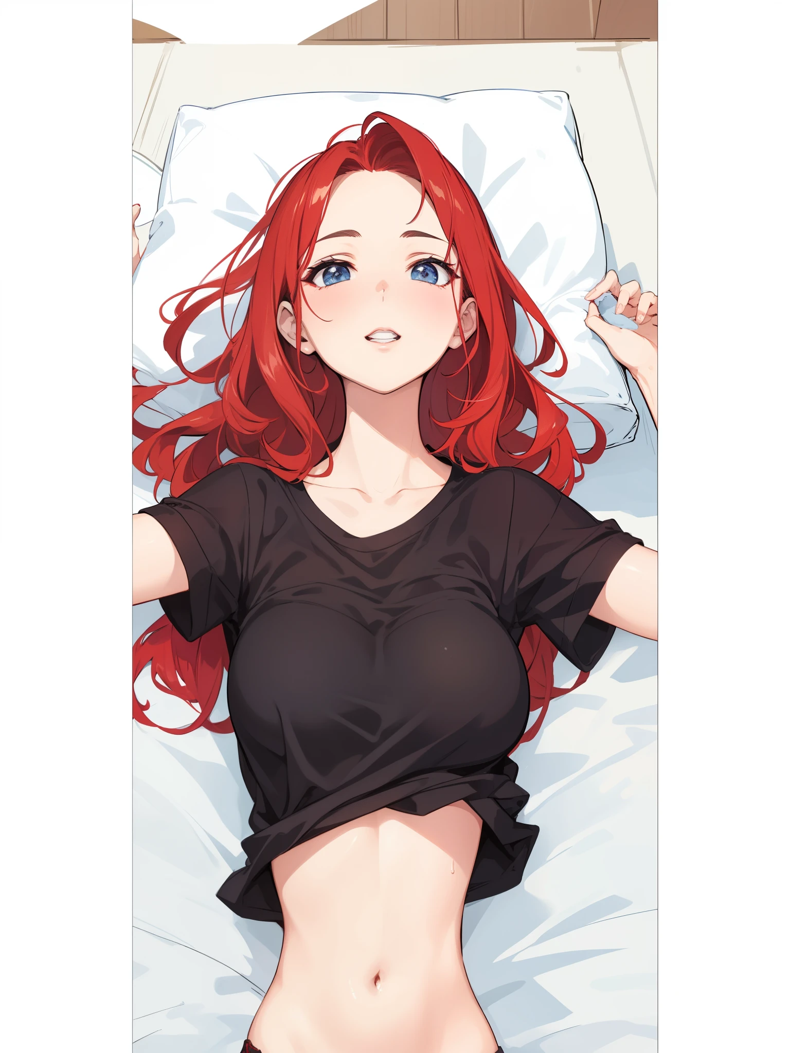 1girl, malty s melromarc, long hair, red hair, green eyes, big breasts, crown, woman sexy sleepwear, looking at viewer, glaring, blush, tears, lying, bed sheet, hands up