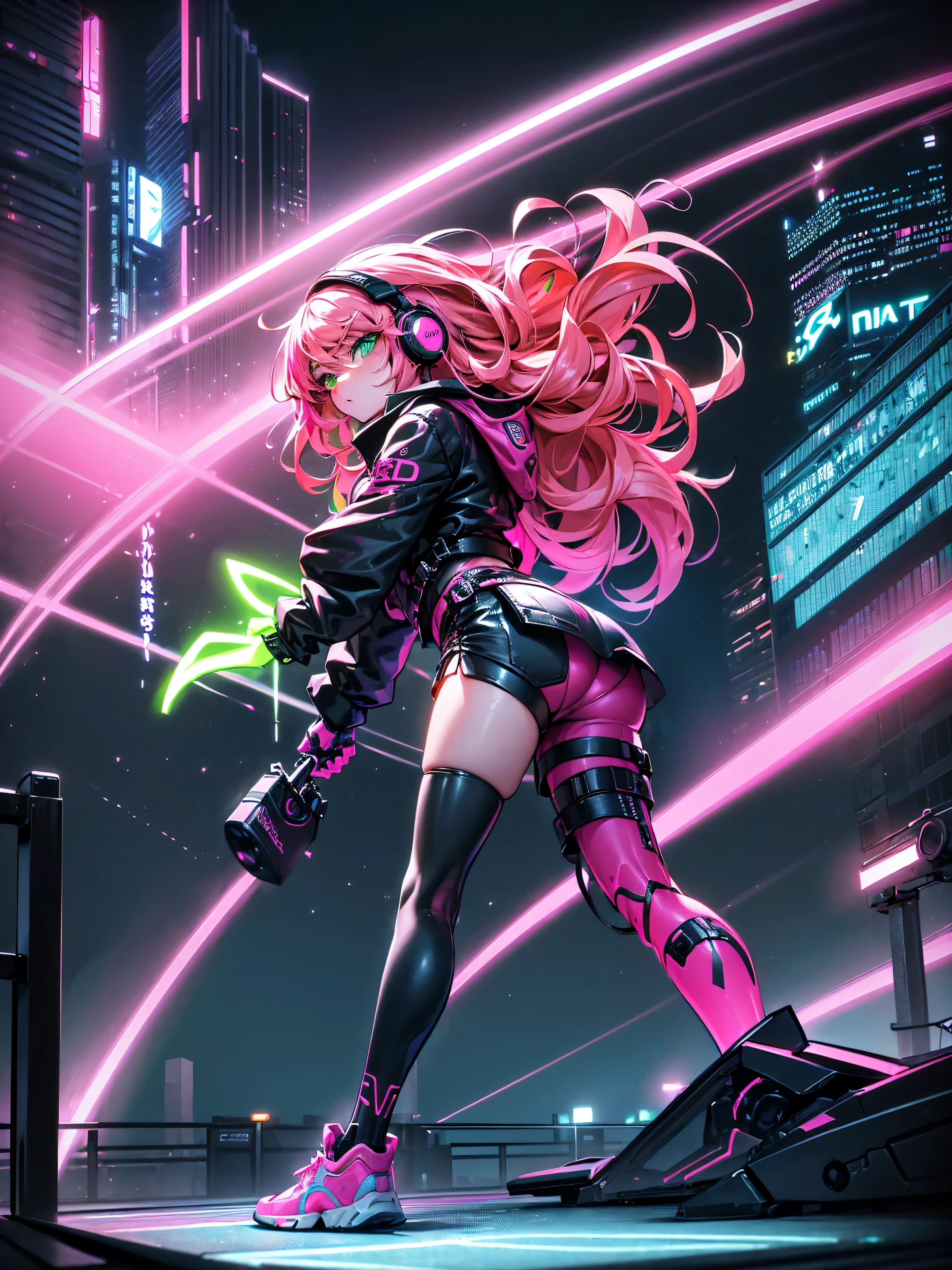 masterpiece:1.4, 1girl ((20year old, dressed in long sleeve shirt, tight black shorts, sneakers, medium breasts, multicolor pink hair, curly long hair, green eyes:1.4, Wearing headphones, side view, standing on a balcony:1.1 tall sci-fi buildings in background:1.1, neon and energetic atmosphere:1.2)) ((nighttime)) ((low camera angle, ground view)) ((solo:1.6))