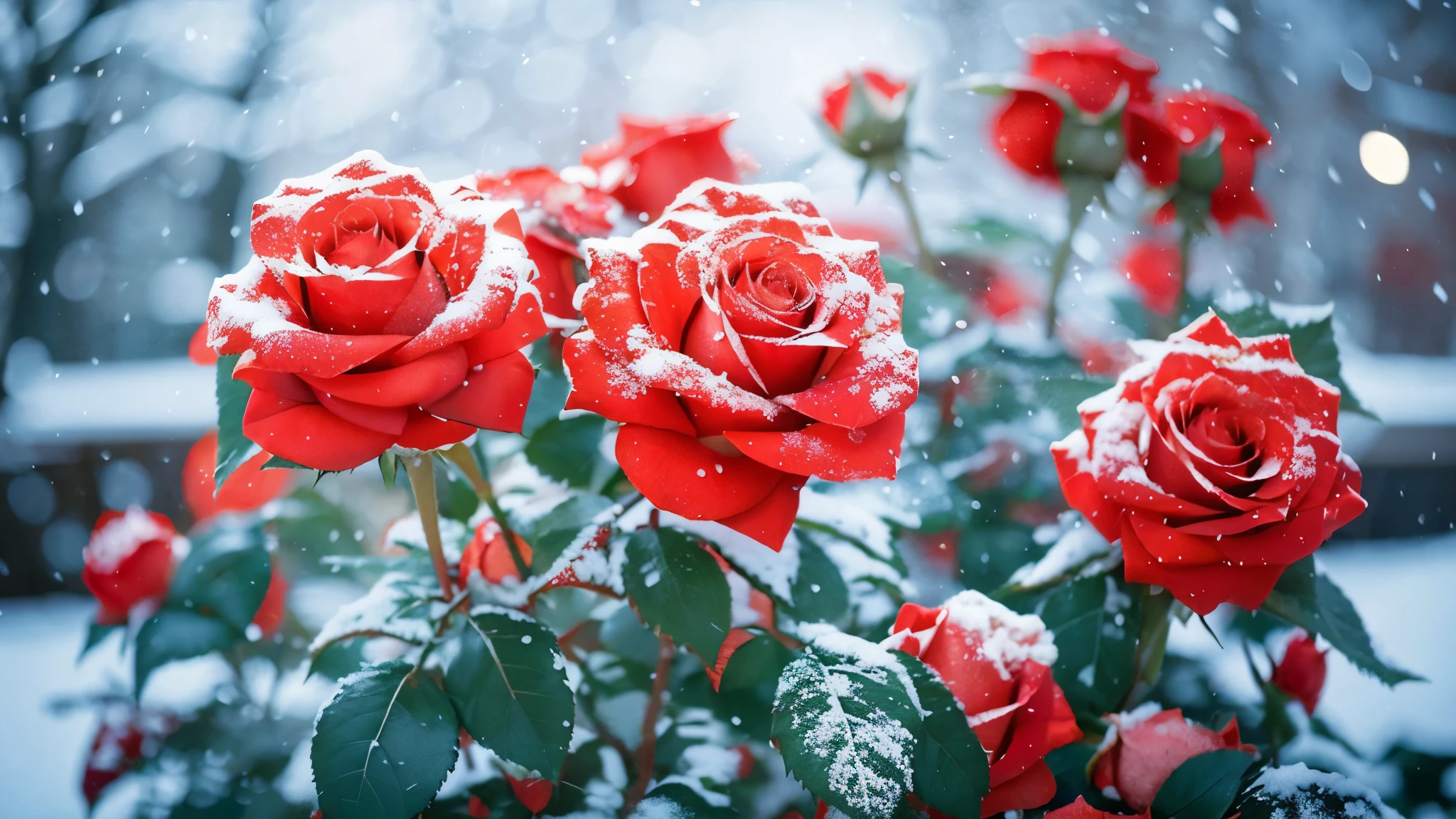 there are many red roses that are covered in snow, red roses, with snow covered colourful red, roses, beautiful composition, beautiful wallpaper, incredibly beautiful, exploding roses, with frozen flowers around her, by Igor Grabar, rosses, red rose, beautiful nature, red blooming flowers, decorative roses, by Eizan Kikukawa, small red roses