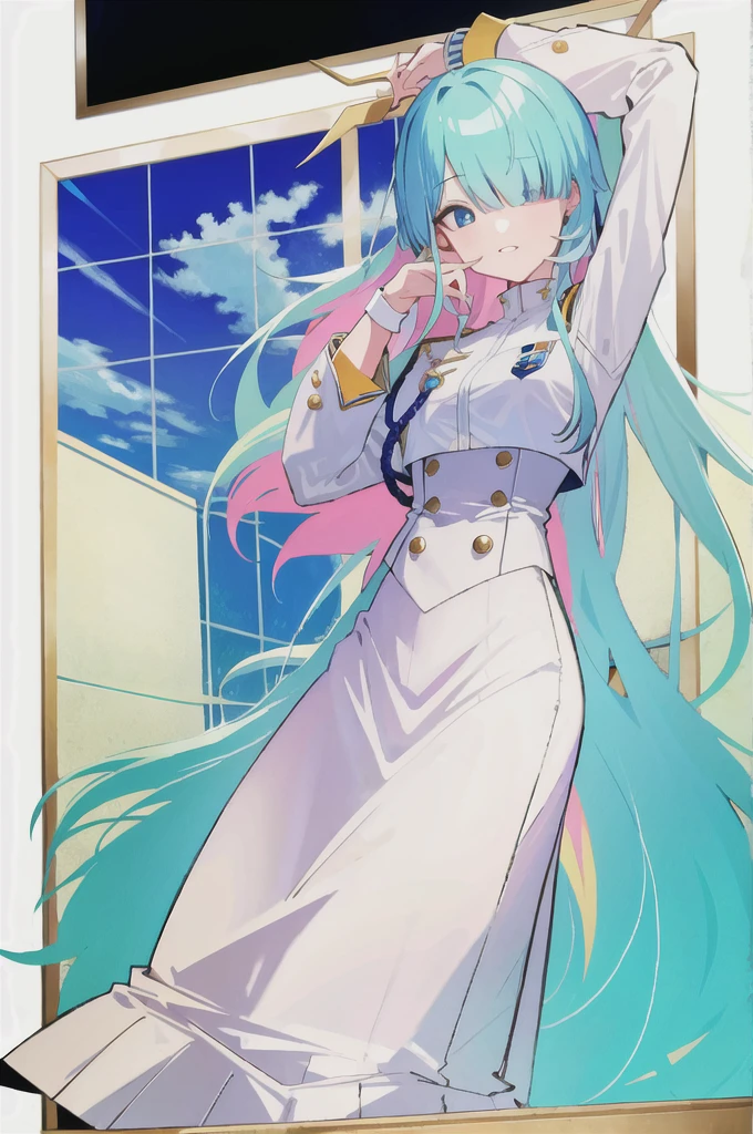 masterpiece, highest quality, Super detailed, GSC Chairman, Hello, colorful hair, hair above one eye, blue eyes, single blade, bangs, Jacket, long skirt,