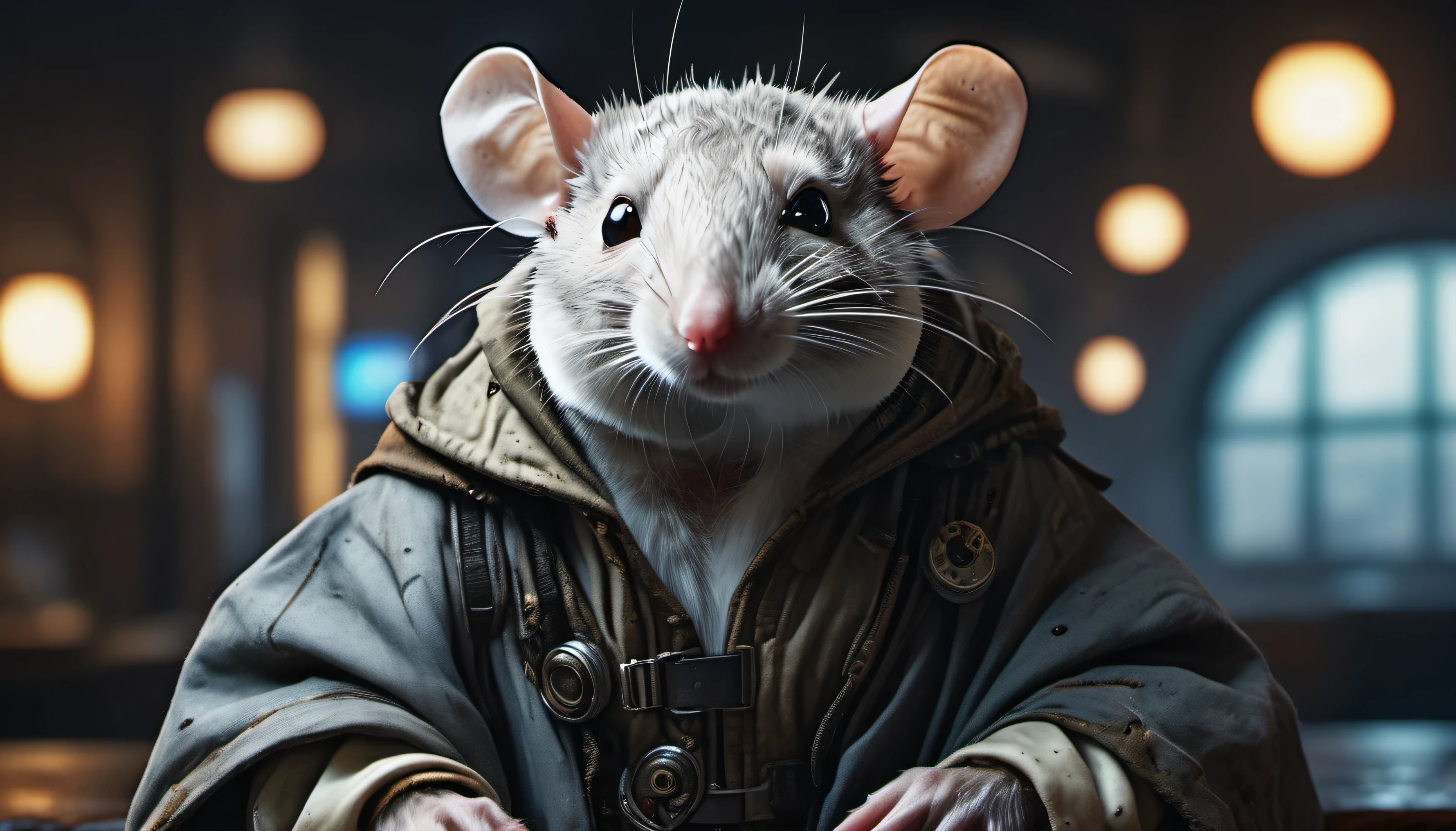 (best quality:1.5), (intricate emotional details:1.5), (ultra detailed), (sharp focus), (sharp details), digital illustration of a 
white rat with big black eyes, folk in a Space station disguised as moon,  hyperrealism, Cyber noir, cyberpunk style