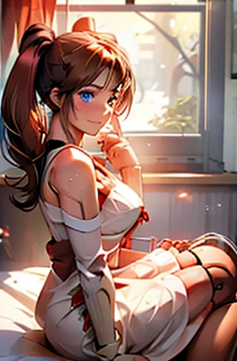 A Female robot is sleeping in bedroom, spread legs, nude, banzai pose. she wears no dress. She Brown short hair is tied with two big red clothespins, She lifts up the under hem of her white plain dress, leaning over, masterpiece, very short pigtails,brown hair, mature, android, blue eyes, full body figure, Height: 160cm, flushed cheeks, 2020s anime picture, A beautiful robot with short brown hair in two short pigtails held up by two very large huge red clothespins, Uplifting, No NSFW, whole body, barefoot, archaic smile, getting orgasm, 25 years old, sweat bucket. 