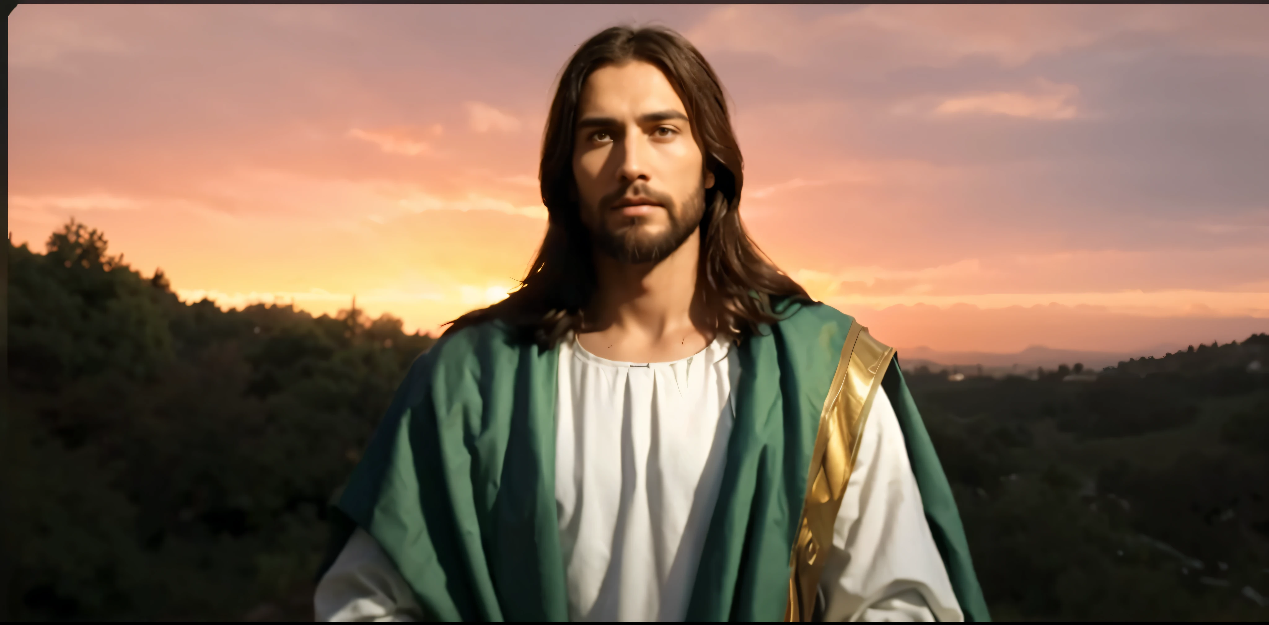 jesus is standing in front of a sunset with his arms crossed, jesus christ, jesus, portrait of jesus christ, young almighty god, jesus face, jesus of nazareth, the lord and savior, he is greeting you warmly, gigachad jesus, god looking at me, jesus christ in mass effect, dressed like jesus christ, christ the redeemer, greg olsen