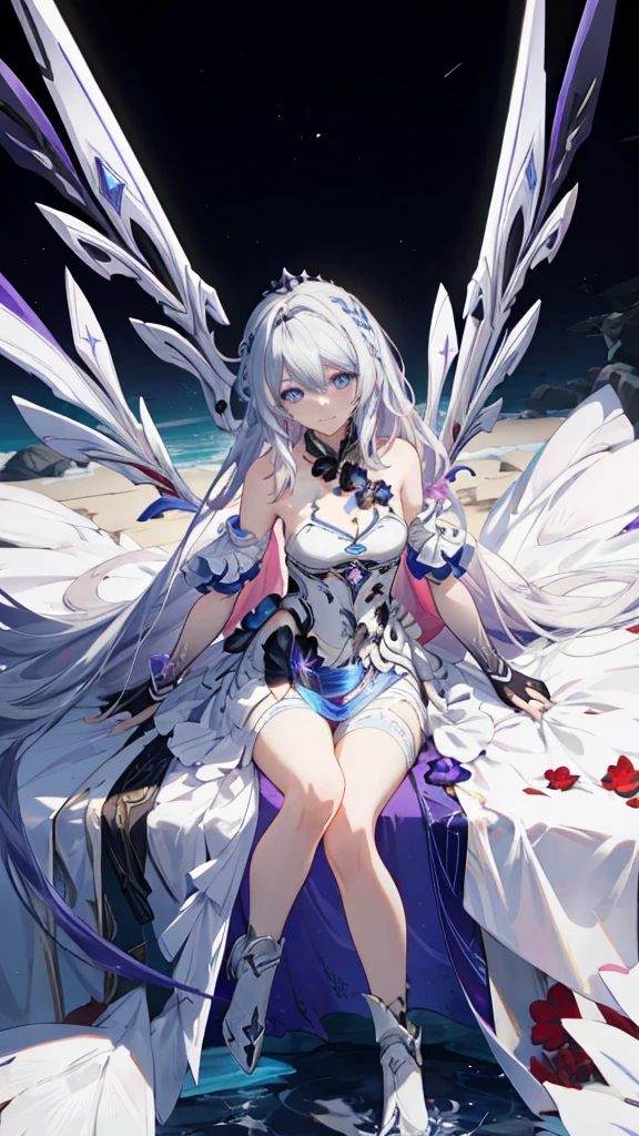1 girl, alone, full body, (highest quality,8K,High resolution,masterpiece:1.2),Super detailed,(anime), Lord of Finality, Kiana \ (Honkai impact 3)Very long white hair, blue eyes, alone, highly detailed facial features, detailed and beautiful eyes, cute, look at the audience, shot from above, fantasy landscape, Bright colors, flowing dress, Rich details, Rich environment, golden ratio