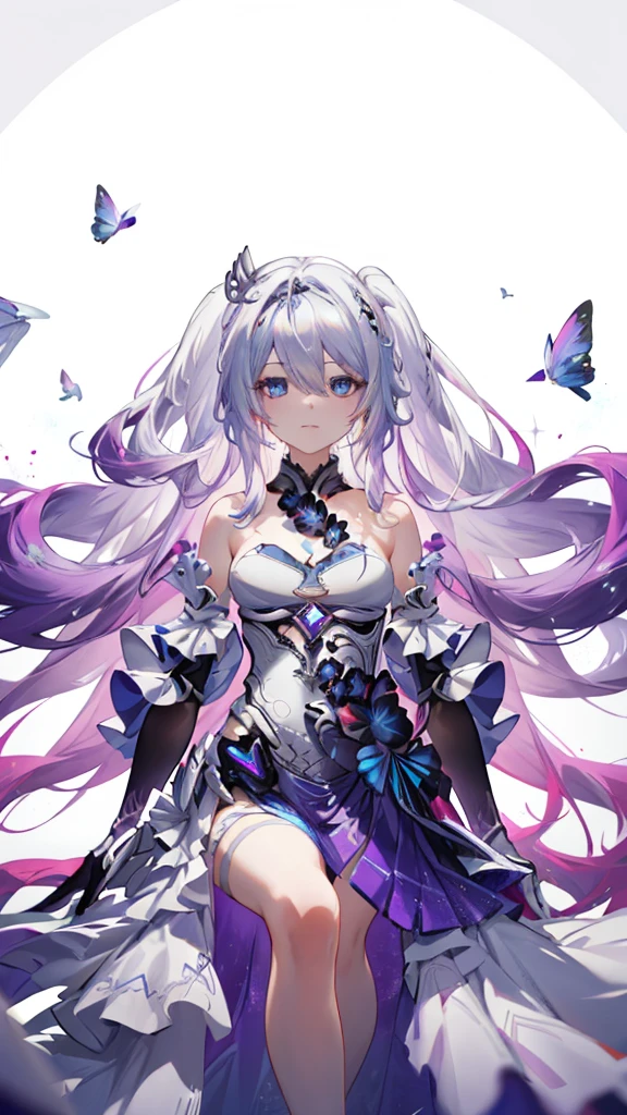 1 girl, alone, full body, (highest quality,8K,High resolution,masterpiece:1.2),Super detailed,(anime), Lord of Finality, Kiana \ (Honkai impact 3)Very long white hair, blue eyes, alone, highly detailed facial features, detailed and beautiful eyes, cute, look at the audience, shot from above, fantasy landscape, Bright colors, flowing dress, Rich details, Rich environment, golden ratio