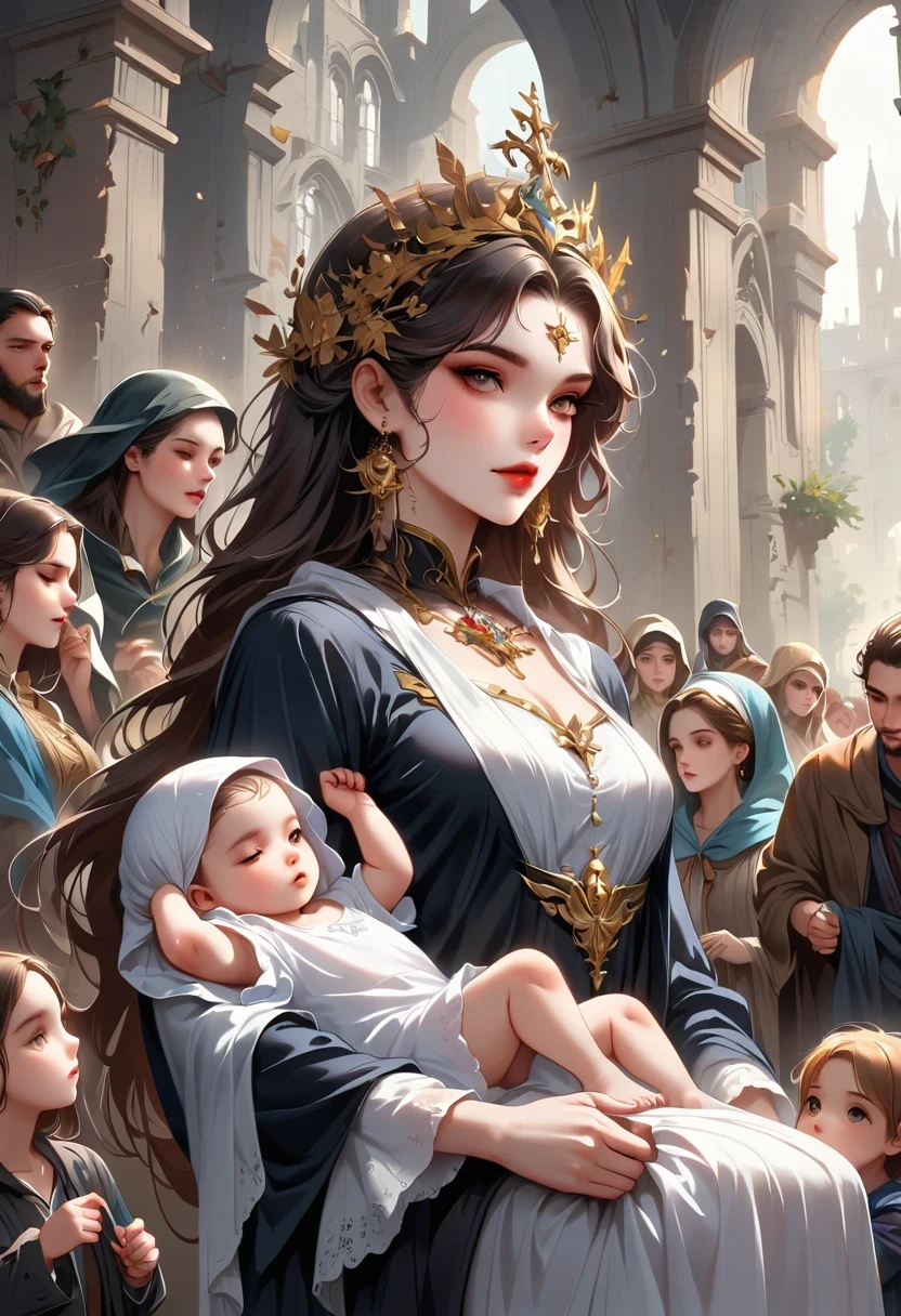 Image of a nun in black robes holding a baby in the ruins, With Jesus, jayson tatum as Mother mary, Catholic religious art, majestic holy girl, holy, author:Laszlo Barlow, Mother sarah artist, holy girl, Art Jem and William Bouguereau, Mother, Holy Mother Mary, holy girls, author:John Lagata