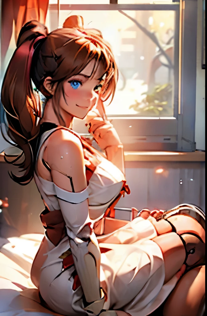 A Female robot is sleeping in bedroom, spread legs, nude, banzai pose. she wears no dress. She Brown short hair is tied with two big red clothespins, She lifts up the under hem of her white plain dress, leaning over, masterpiece, very short pigtails,brown hair, mature, android, blue eyes, full body figure, Height: 160cm, flushed cheeks, 2020s anime picture, A beautiful robot with short brown hair in two short pigtails held up by two very large huge red clothespins, Uplifting, No NSFW, whole body, barefoot, archaic smile, getting orgasm, 25 years old, sweat bucket. 