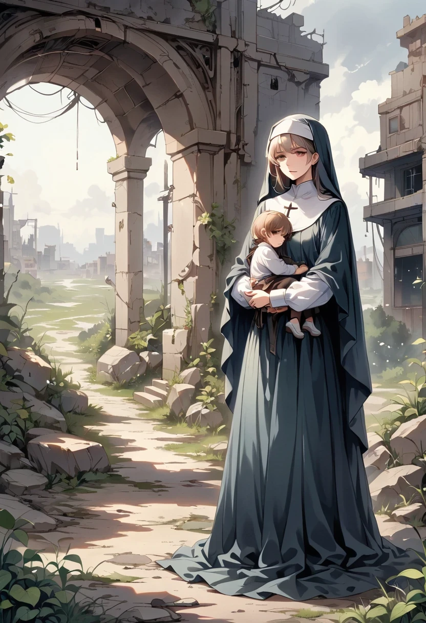 A nun, Holding a , Standing on a nuclear wasteland. The once prosperous city is now in ruins, Ruined buildings and abandoned vehicles litter the desolate landscape. Nature has begun to take back territory, Plants growing in concrete cracks，Vines entwine around rotting buildings. The atmosphere is weird, There&#39;s a feeling of loneliness and despair in the air. The scene is bathed in a dark and moody light, Emphasizes the post-apocalyptic setting. The nun looked sad.，Her expression reflects her loneliness and the weight of the world she carries on her shoulders. In this ruthless world，The child she held gave her some comfort. The colors become softer, A desaturated and faded color palette, This further enhances the desolate atmosphere of the scene.