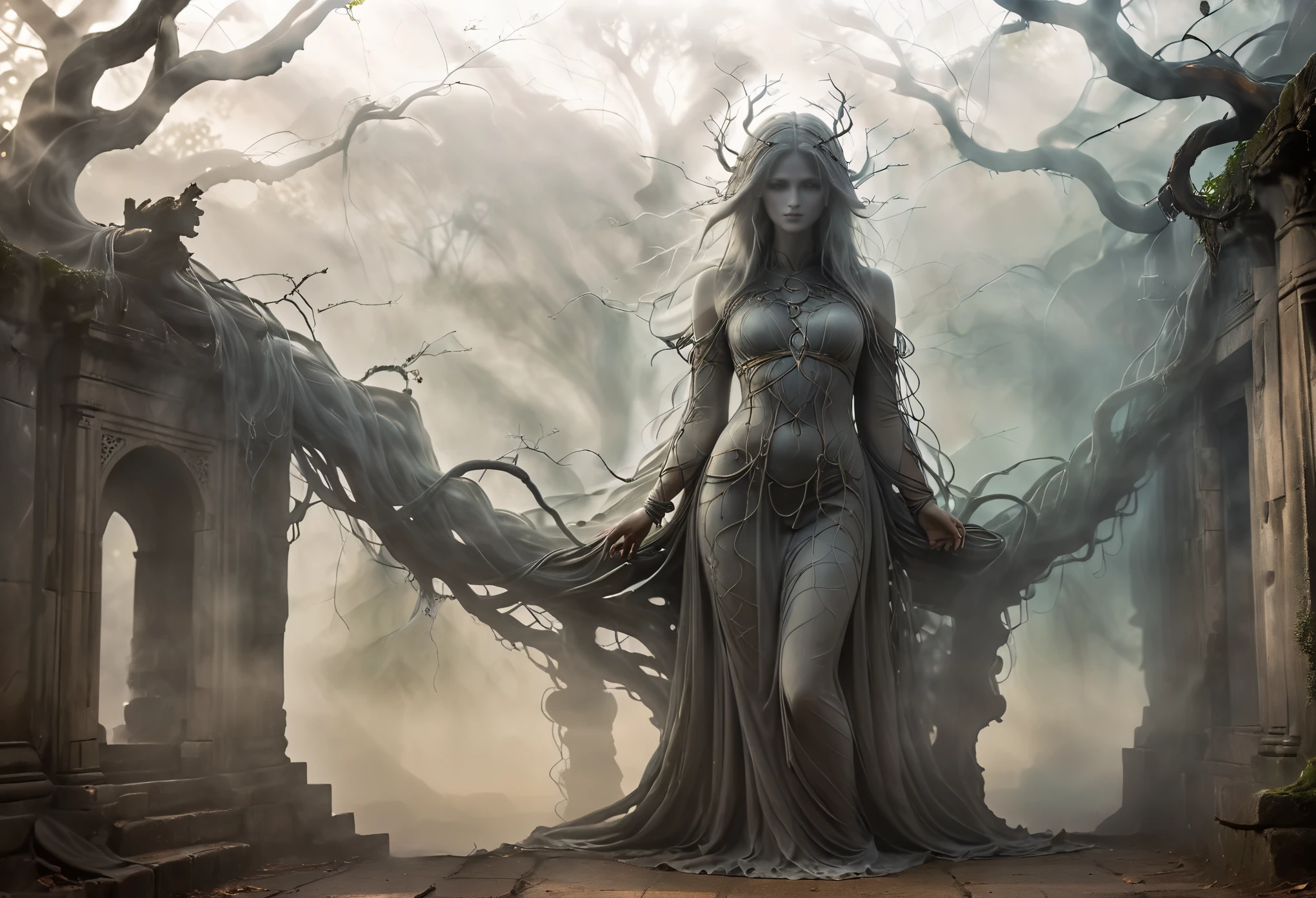 An ethereal portrait of a Goddess intertwined with the intricate branches of an ancient tree, highlighting the mystical bond, There is an ancient wall with ancient stories carved in high relief in the background., covered with fog and smoke,Light filters in from under the shade of a tree.,morning time,Mysterious atmosphere, Very high detail,The most realistic image,Masterpiece,Very high quality--ar 3:4 --style raw --stylize 300