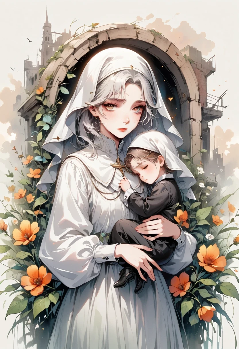 A nun, Holding a child, Standing on a nuclear wasteland. The once prosperous city is now in ruins, Ruined buildings and abandoned vehicles litter the desolate landscape. Nature has begun to take back territory, Plants growing in concrete cracks，Vines entwine around rotting buildings. The atmosphere is weird, There&#39;s a feeling of loneliness and despair in the air. The scene is bathed in a dark and moody light, Emphasizes the post-apocalyptic setting. The nun looked sad.，Her expression reflects her loneliness and the weight of the world she carries on her shoulders. In this ruthless world，The child she held gave her some comfort. The colors become softer, A desaturated and faded color palette, This further enhances the desolate atmosphere of the scene.