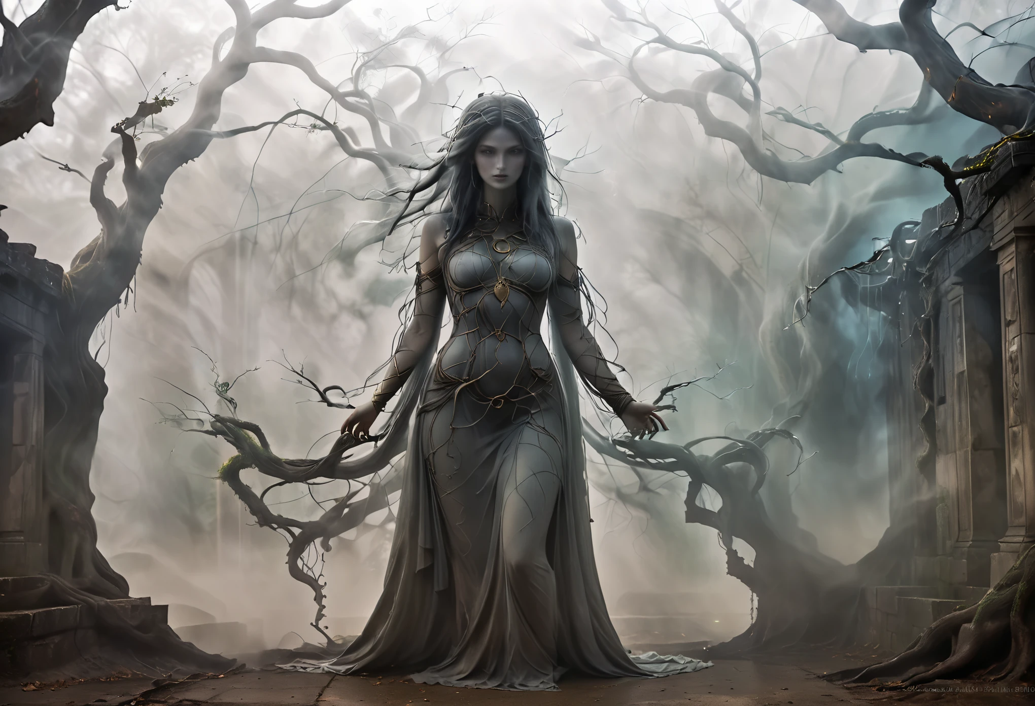 An ethereal portrait of a Goddess intertwined with the intricate branches of an ancient tree, highlighting the mystical bond, There is an ancient wall with ancient stories carved in high relief in the background., covered with fog and smoke,Light filters in from under the shade of a tree.,morning time,Mysterious atmosphere, Very high detail,The most realistic image,Masterpiece,Very high quality--ar 3:4 --style raw --stylize 300