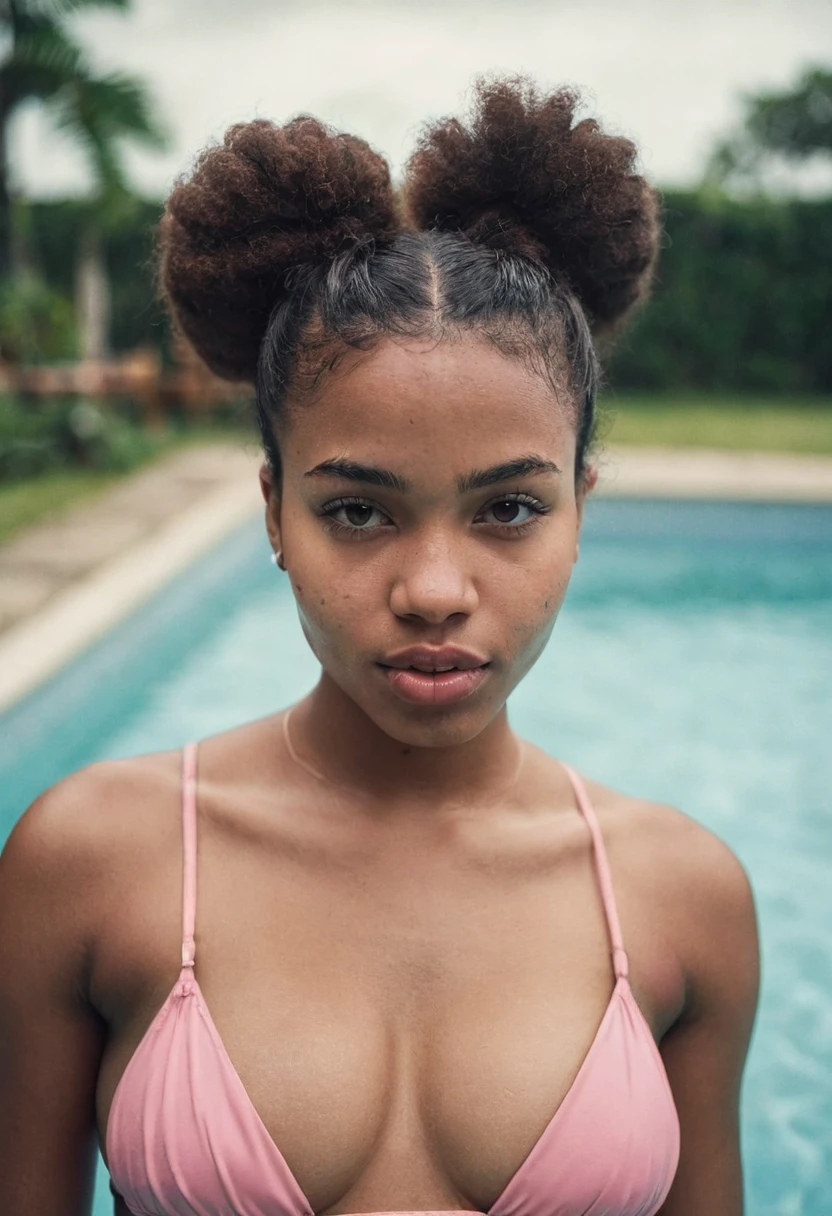 wide-shot photo, cute 22 y.o black sexy woman, brazilian, afro hair bun, looking away, thick lips, closed mouth, natural detailed skin (skin pores:1.0), natural detailed hair, (skin moles:0.3), perfect hands, standing at pool area, cloudy weather, soft light, cold colors, (film grain:1.0), wearing pinky bikini, arms up pose, from behind view