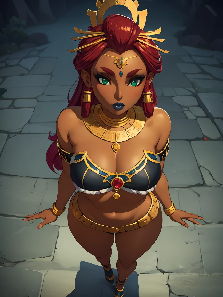 ((high detailed, best quality, 4k, masterpiece, hd:1.3)), ((best quality)), (((HD))), (((8k))), (ultraDH), (ultra HD), green eyes, BREAK green eyes, seductive, attractive, smooth anime cg art, 36C breasts, long legs, vivid colors, slim body, perfect skin, red hair, long hair, light hair, red hair, BREAK crown, cleavage, 36C cleavage, looking at viewer, BREAK looking at viewer, extremely detailed face, earrings, gem, dark blue makeup lips, dark gothic eyeshadows, dark eyeshadows, white eyeshadows, blue sexy lips, dark lips, very dark lips, (perfect hands, perfect anatomy), light makeup, blue medium lips, blue thick lips, detailed fingers, five fingers per hand, 5 fingers, (1 girl), detailed lips, detailed blue lips, blue painted lips, gothic painted lips, (breast focus), (arms outstreched:1.2), (from above:1.1), (breasts out:1.3), (off shoulder:1.1), full body, sexy legs, walk for desert, (((desert))),