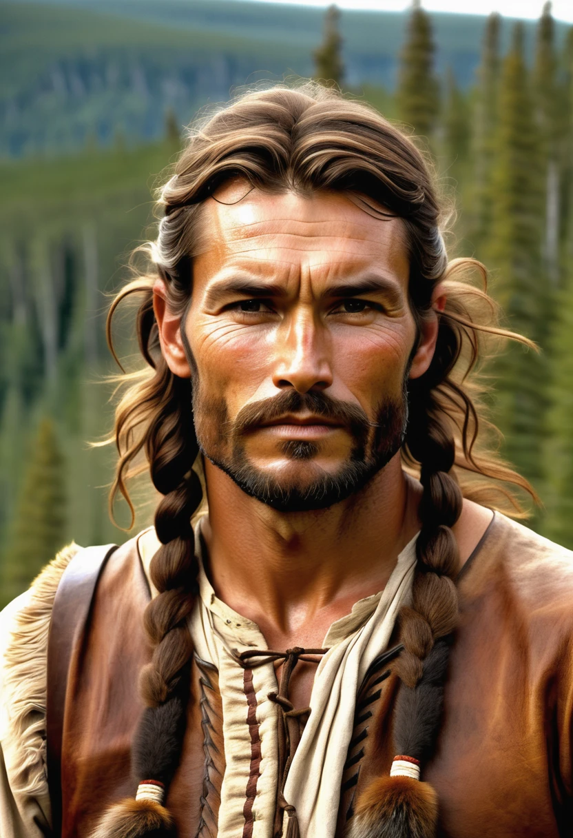 (highly detailed, soft light, detailed face, detailed skin, detailed eyes, photorealistic, dynamic light; cinematic); 1820's; 35 years old man; German-Native American mix; 1820's fur hunter; leadership figure; strikingly handsome; confident and intensely alluring; wild man; defined cheekbones; defined strong jawline; longer chin; handsome face; strapping; tough but romantically interested expression; masculine face; charismatic; grizzled; sensual; strong German nose; manly passionate air; very attractive; burly broad figure with strong shoulders; naturally tanned ruddy weathered skin; long stubble beard; natural dark-blue eyes; thick strong chestnut-brown eyebrows; 1820's fur-trader's clothes; 1820's leather necklace; tousled chestnut-brown hair half up; full firm masculine lips; 1820's Red River Settlement with boreal forest in background; natural dark-blue eyes; looking at camera