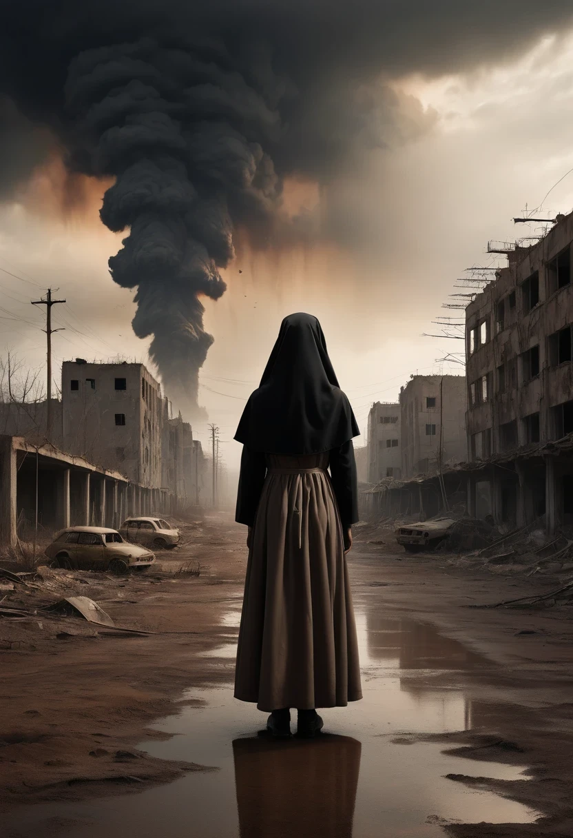 A nun, Holding a child, Standing on a nuclear wasteland. The once prosperous city is now in ruins, Ruined buildings and abandoned vehicles litter the desolate landscape. Nature has begun to take back territory, Plants growing in concrete cracks，Vines entwine around rotting buildings. The atmosphere is weird, There's a feeling of loneliness and despair in the air. The scene is bathed in a dark and moody light, Emphasizes the post-apocalyptic setting. The nun looked sad.，Her expression reflects her loneliness and the weight of the world she carries on her shoulders. In this ruthless world，The child she held gave her some comfort. The colors become softer, A desaturated and faded color palette, This further enhances the desolate atmosphere of the scene.