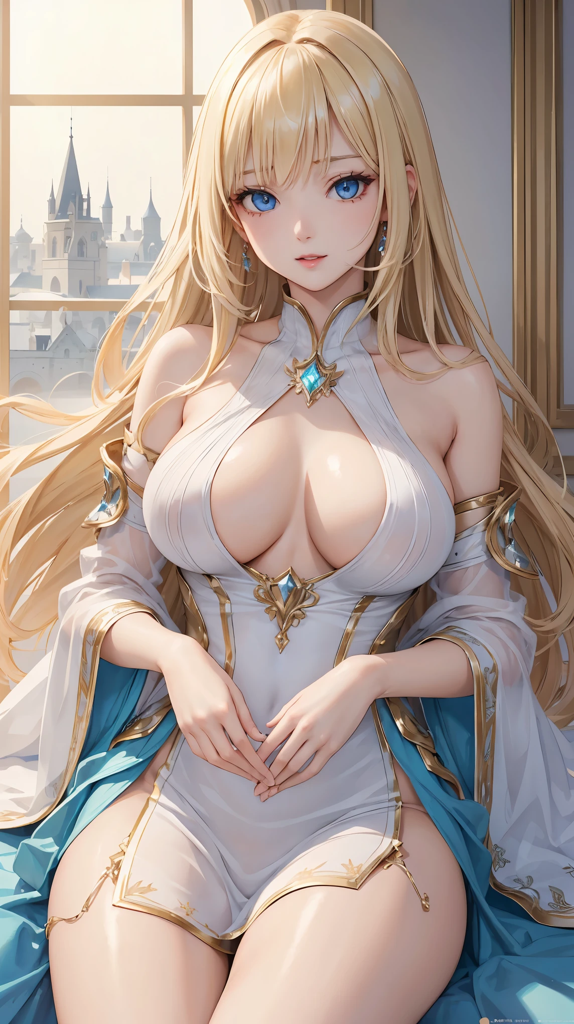 ((highest quality、High resolution、Highly detailed CG Unity 8K wallpaper))、Portrait、detailed face、perfect body、unparalleled beauty、Curvy but slender body, perfect eyes, perfect face, perfect lighting, fine clothes、1 girl, Detailed castle background、long hair, curly hair, fine clothes, Bright and beautiful face、young shiny glossy white shiny skin、the best beauty、the most beautiful bright blonde hair in the world、thin hair、super long straight hair、Shining beautiful bangs、Shining crystal clear big blue eyes、Very beautiful lovely most beautiful girl in the world、big and full breasts、tits、a sexually excited look、sexy dress with elaborate decoration、thigh、((I'm seducing you))