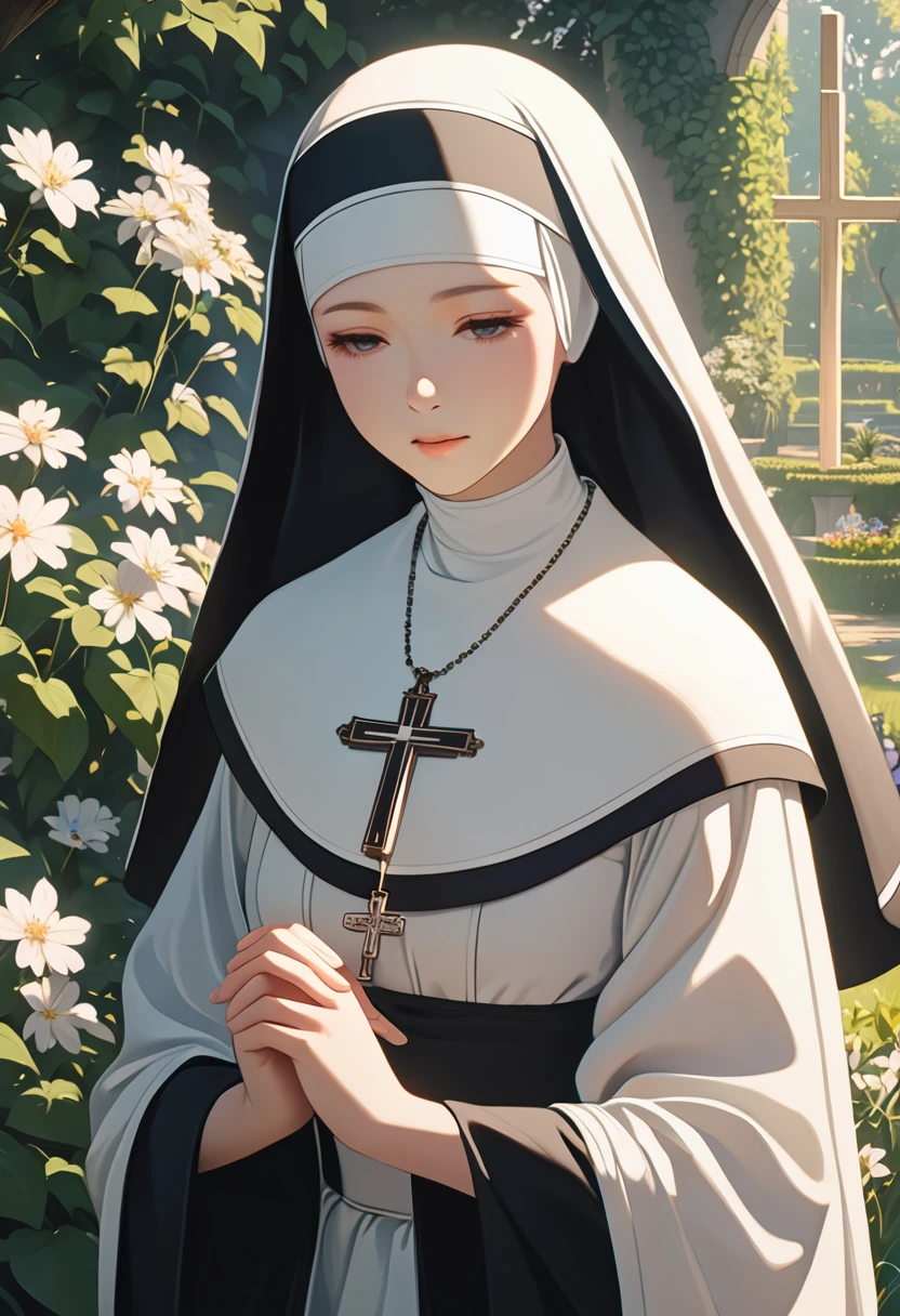 1girl, nun, dark robes, holy cross, serene expression, peaceful garden, soft sunlight, quiet atmosphere, sacred surroundings, (best quality, 4k, 8k, highres, masterpiece:1.2), ultra-detailed, painting-like, soft pastel colors, gentle lighting, aesthetic