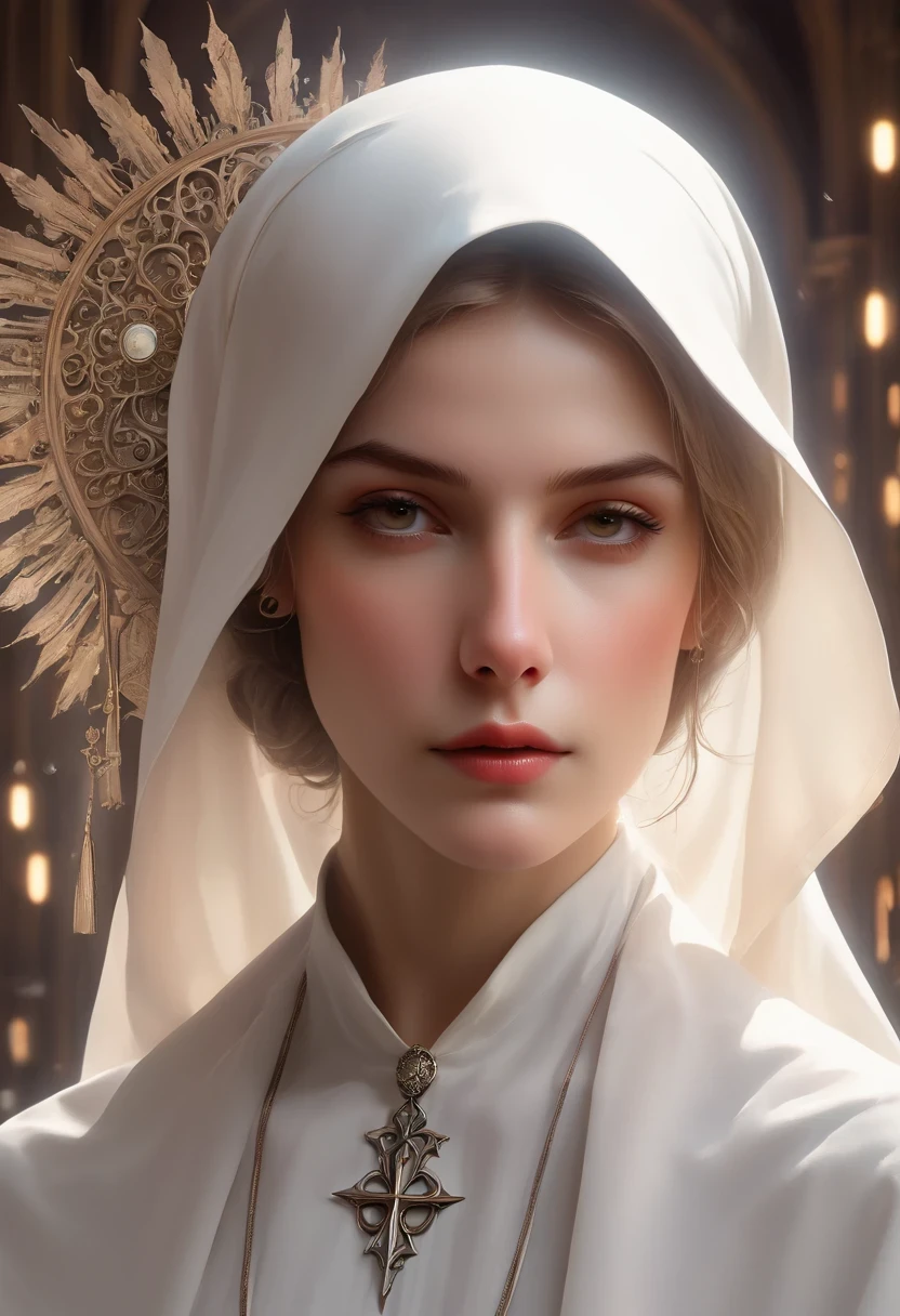 Dystopian Nun Portrait, complex, head shot, Very detailed, number, art station, concept art, sharp focus, movie lighting, number, Artwork by artgerm and greg rutkowski, Alphonse Mucha, CG society