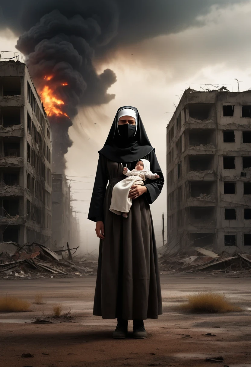 A nun, Holding a child, Standing on a nuclear wasteland. The once prosperous city is now in ruins, Ruined buildings and abandoned vehicles litter the desolate landscape. Nature has begun to take back territory, Plants growing in concrete cracks,Vines entwine around rotting buildings. The atmosphere is weird, There's a feeling of loneliness and despair in the air. The scene is bathed in a dark and moody light, Emphasizes the post-apocalyptic setting. The nun looked sad.,Her expression reflects her loneliness and the weight of the world she carries on her shoulders. In this ruthless world,The child she held gave her some comfort. The colors become softer, A desaturated and faded color palette, This further enhances the desolate atmosphere of the scene.