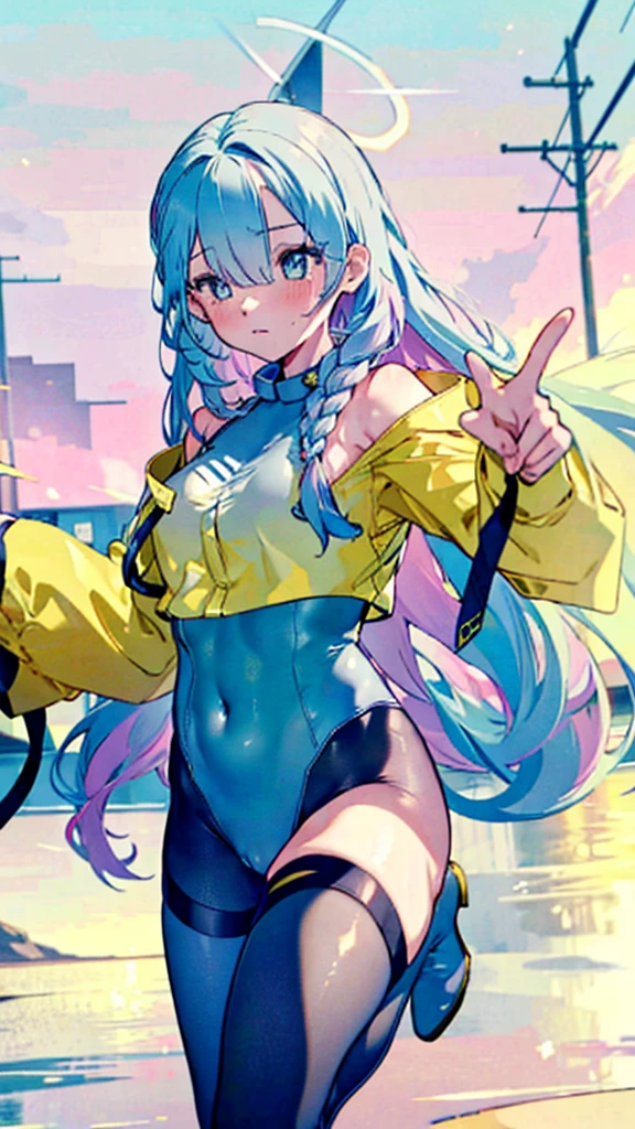 highest quality，detailed description，Full body Esbian，full body，Leotard sneak peek, kung fu pose，dramatic，spread your legs，sweaty, masterpiece, highest quality, Super detailed, GSC Chairman, Hello, colorful hair, hair above one eye, blue eyes, single blade, bangs, large clothes,  yellow jacket, wide sleeve, sleeves go over wrists, gray leotard， Grey pantyhose, boots, one leg pantyhose, thigh strap elegant, 1 girl, cute, blushed, looking at the viewer, beautiful eyes, beautiful background, particles of light, Light of the sun, dramaticな照明, outside, shiny, realistic, highest quality, Super detailed, get used to it, scenery, beautiful and detailed eyes, thin hair，