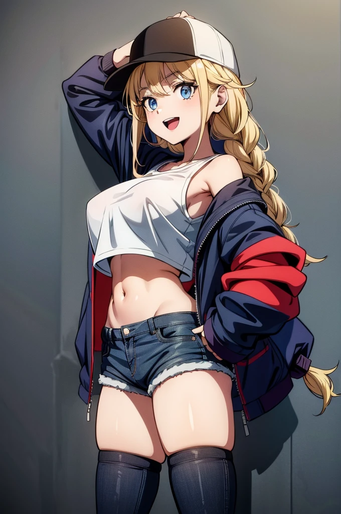 (((grayscale)))(masterpiece:1.2, best quality), (graffiti wall:1.15), 1lady, beanie, jacket, Leggings, blue eyes, fullbodyan anime female super hero posing with a baseball cap over her eyes, 1girl, solo, hat, shorts, blonde hair, twin braids, navel, crop top, denim shorts, jacket, breasts, smile, red eyes, open mouth, denim, shirt, braid, long hair, crop top overhang, white shirt, looking at viewer, midriff, baseball cap, short shorts, off shoulder, stomach, :d, open jacket, large breasts, black headwear, red jacket, cutoffs, open clothes, cowboy shot, thighs ,Eiko Tsukimi, blue eyes, braid, twin braids, blonde hair, semi long hair,