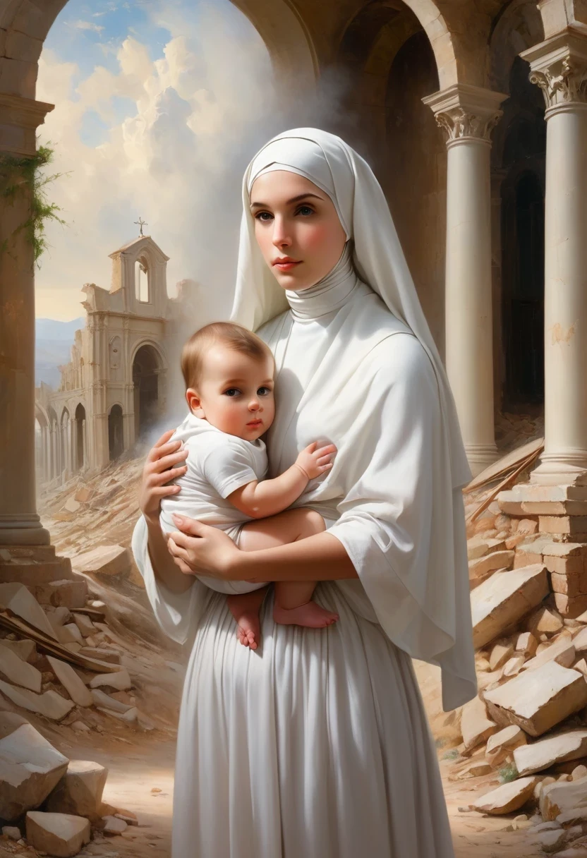 Image of a nun holding a amidst the ruins, With Jesus, jayson tatum as Mother mary, Catholic religious art, majestic holy girl, holy, author:Laszlo Barlow, Mother sarah artist, holy girl, Art Jem and William Bouguereau, Mother, Holy Mother Mary, holy girls, author:John Lagata