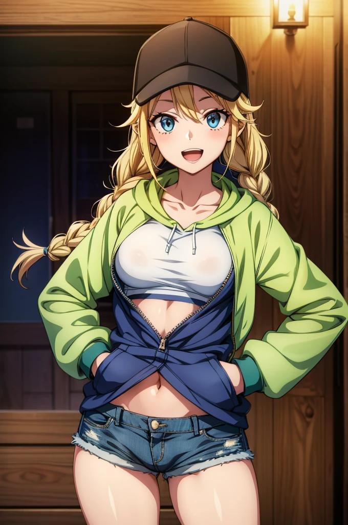 fairy tail character izuku Midoriya is pictured dressed in a baseball hat and hoodie, 1girl, breasts, solo, blue eyes, hat, shorts, blonde hair, navel, open mouth, braid, black headwear, smile, long hair, large breasts, jacket, looking at viewer, hands in pockets, denim, twin braids, collarbone, baseball cap, crop top, short shorts, denim shorts, thighs, midriff